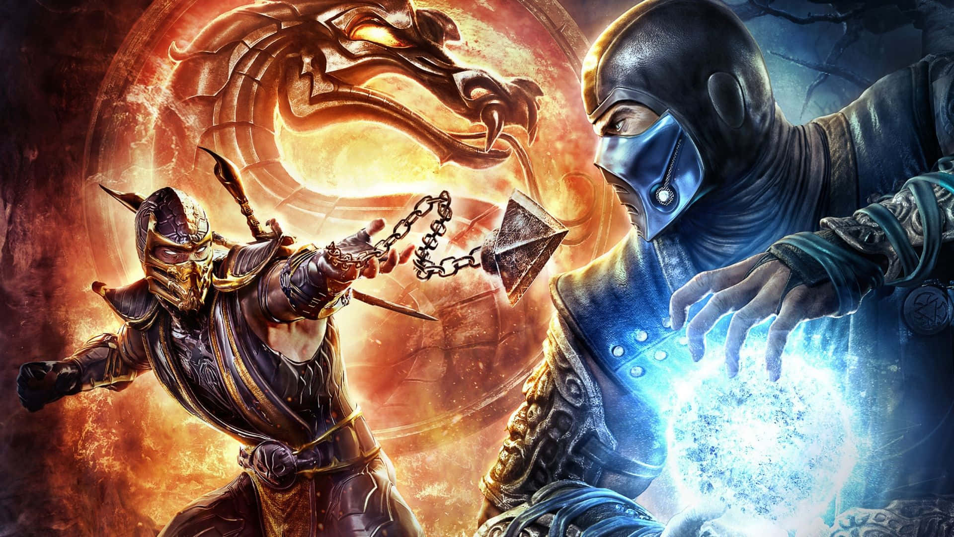 兩名奇幻戰士用鎖鏈武器和魔法能量對抗一條火焰巨龍。 — 真人快打 壁紙