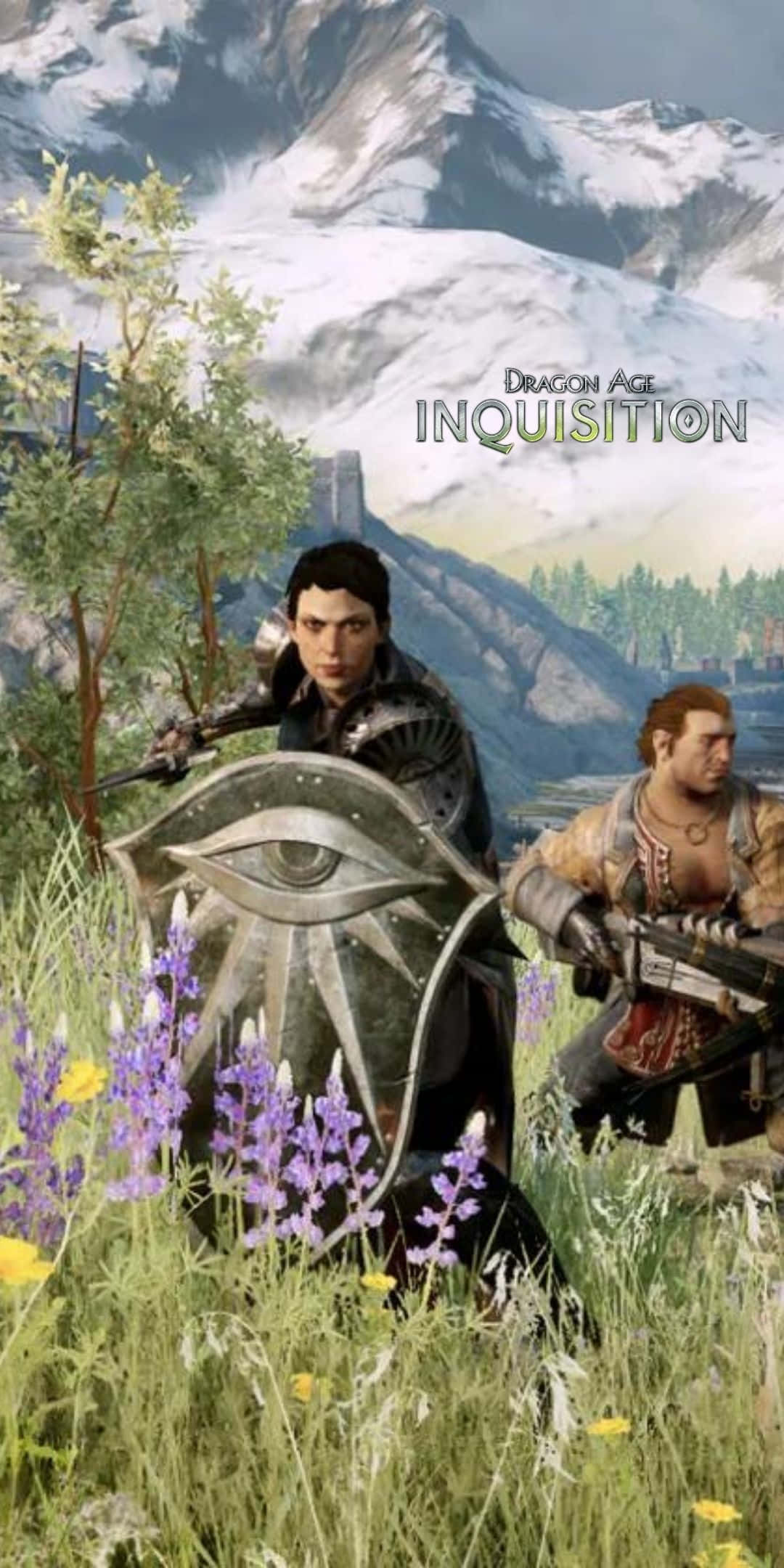 Pixel 3 Dragon Age Inquisition 桌布 壁紙 — 兩名身穿盔甲的戰士站在一片紫色花田中，遠方有積雪的山脈和一座城堡。