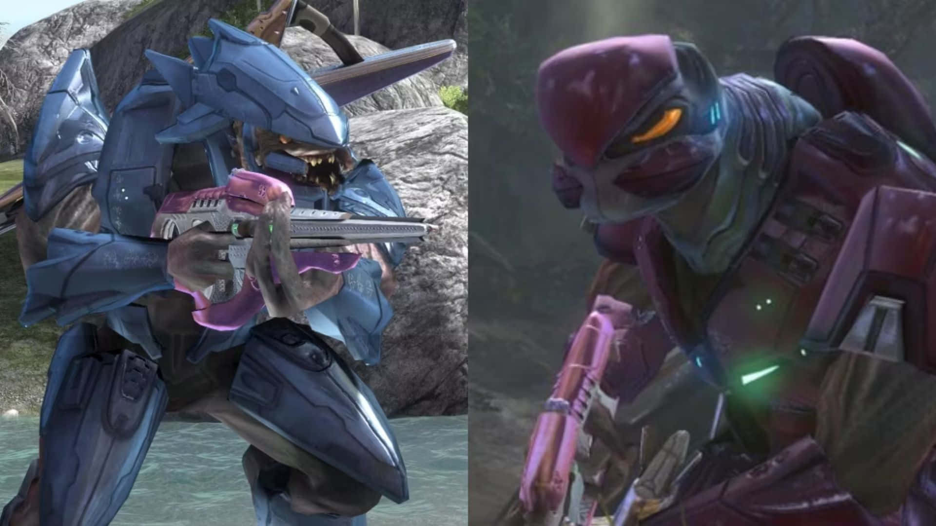 Sangheili 桌布 壁紙 — 兩名身穿科幻裝甲的外星戰士在岩石戶外環境中手持未來武器。