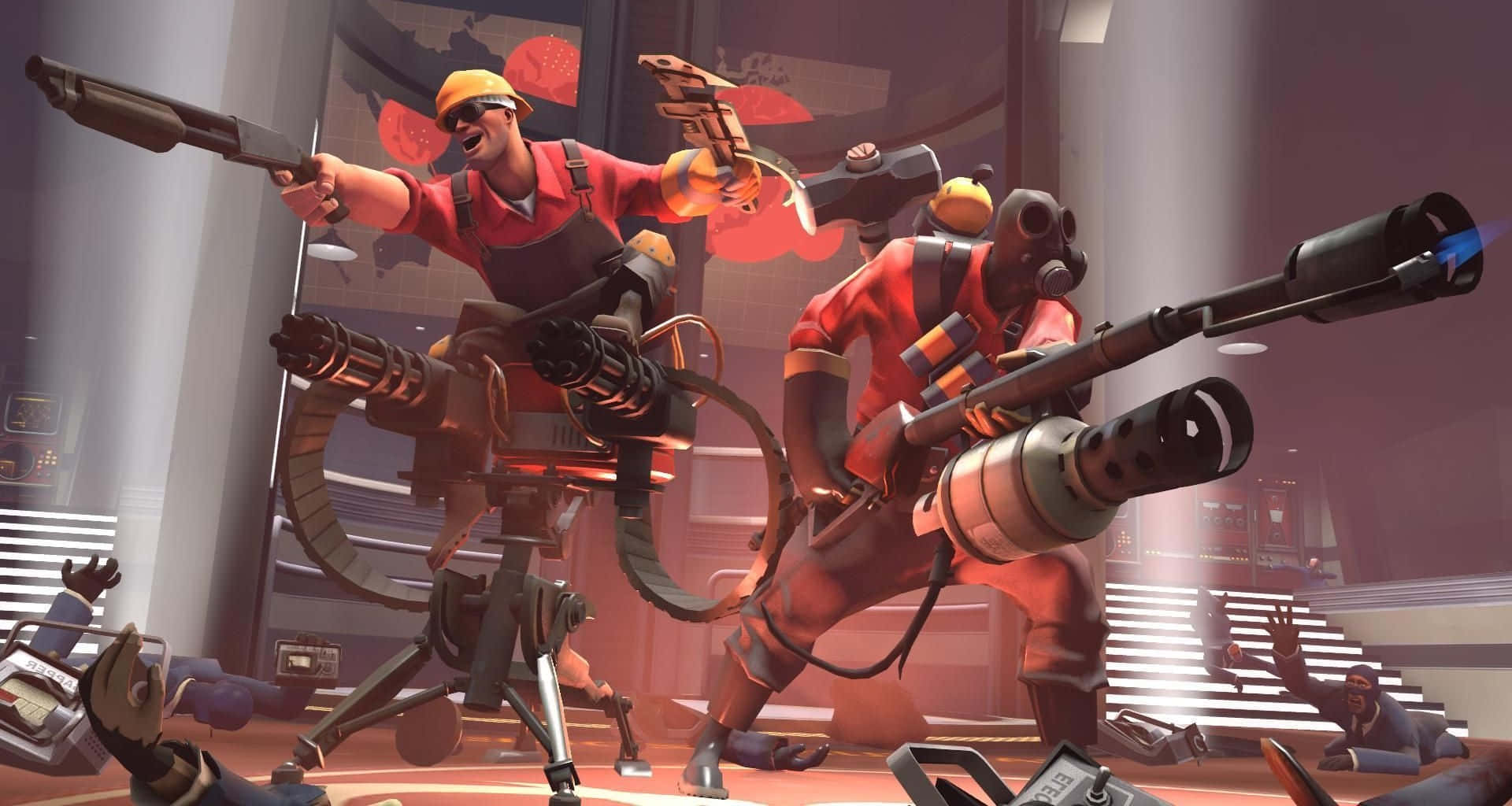 Team Fortress 2 Characters 桌布 壁紙 — 兩名身穿紅色制服嘅動畫僱傭兵喺未來風格嘅室內戰鬥中發射重型武器，敵人已倒下。
