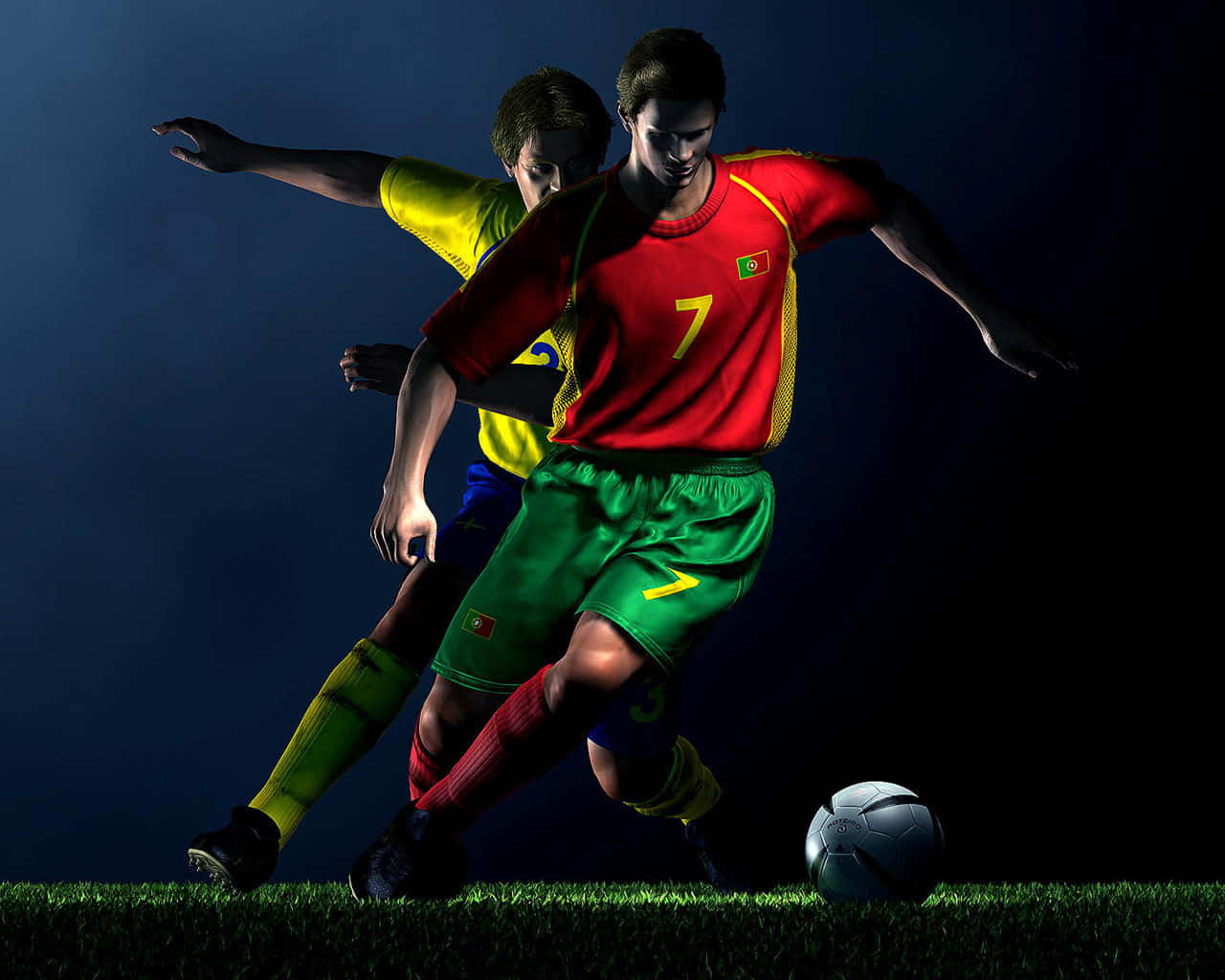 3d Sports 桌布 壁紙 — 兩名身穿紅色和綠色球衣的足球運動員在黑暗的球場上，在戲劇性的聚光燈下爭奪控球權。