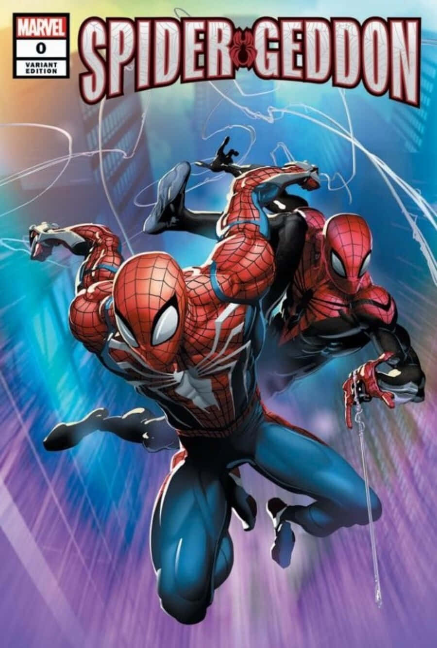 Spider-geddon 桌布 壁紙 — 兩名身穿紅色和藍色戰衣的蜘蛛俠英雄在充滿活力的藍色和紫色城市景觀背景下動態擺盪。
