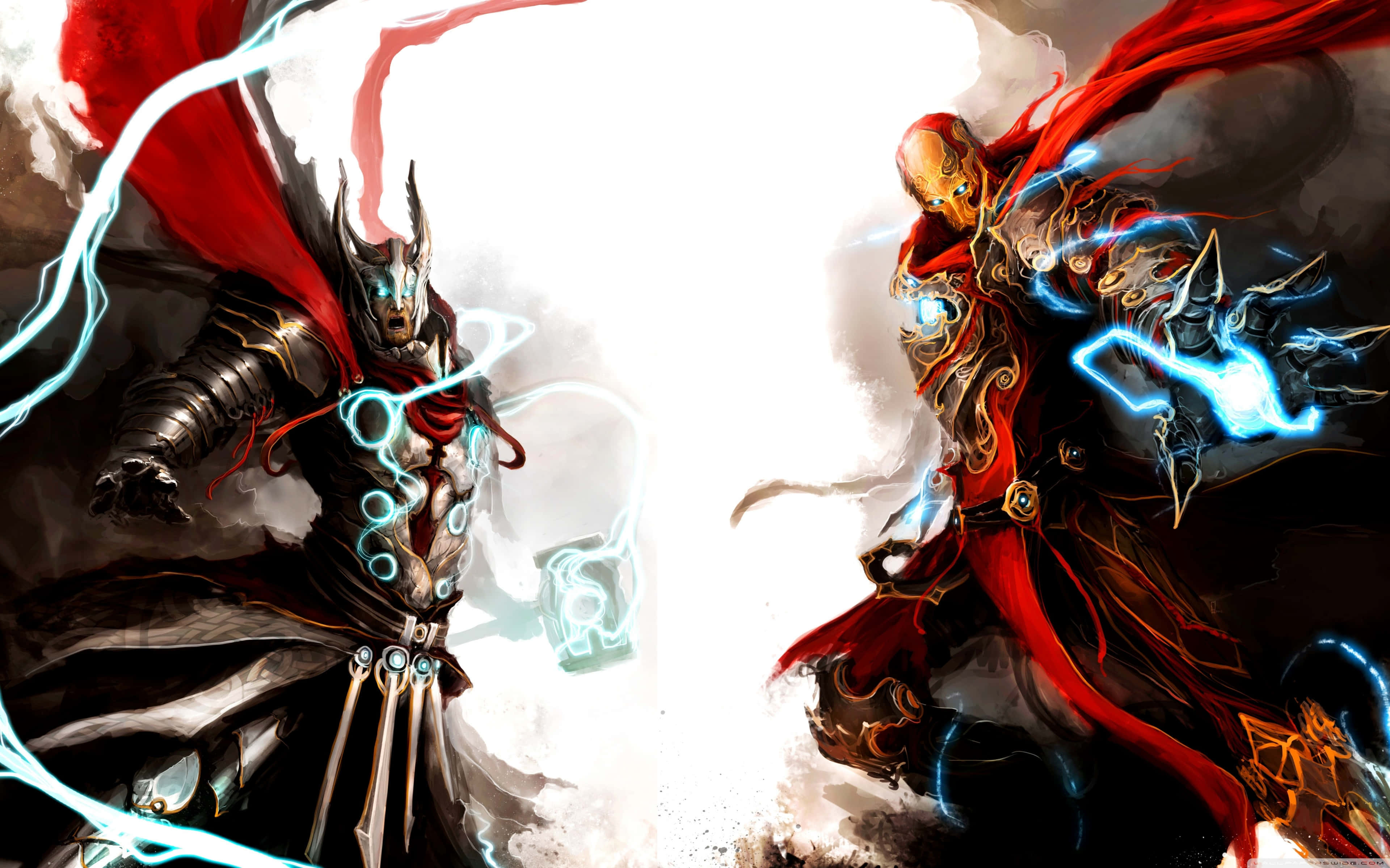 Iron Man Vs Thor 桌布 壁紙 — 兩名身穿紅色斗篷的裝甲戰士在暴風雨中交鋒，噼啪作響的藍色閃電環繞著他們，背景是明亮的白色。