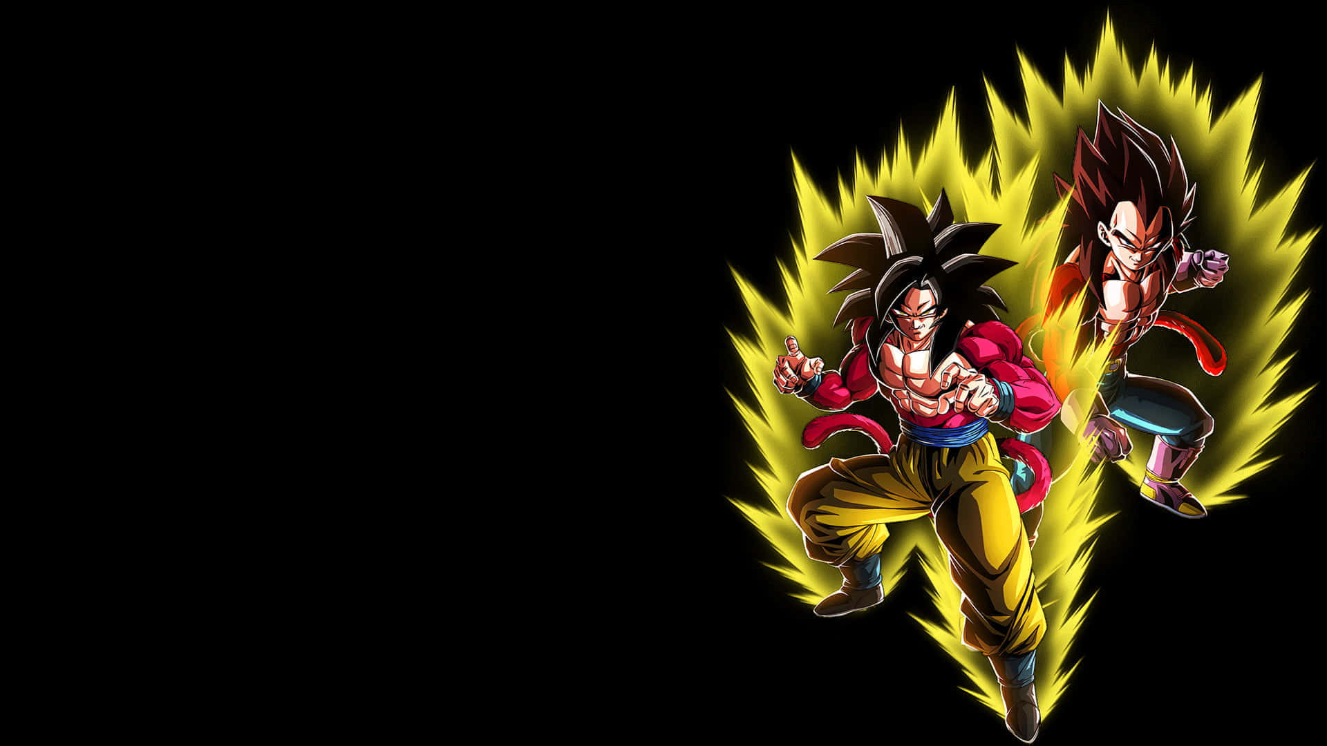 Vegeta Super Saiyan 4 桌布 壁紙 — 兩名身穿紅黃戰鬥裝備的動漫戰士，在黑色虛空中釋放出發光的黃色能量衝擊波。