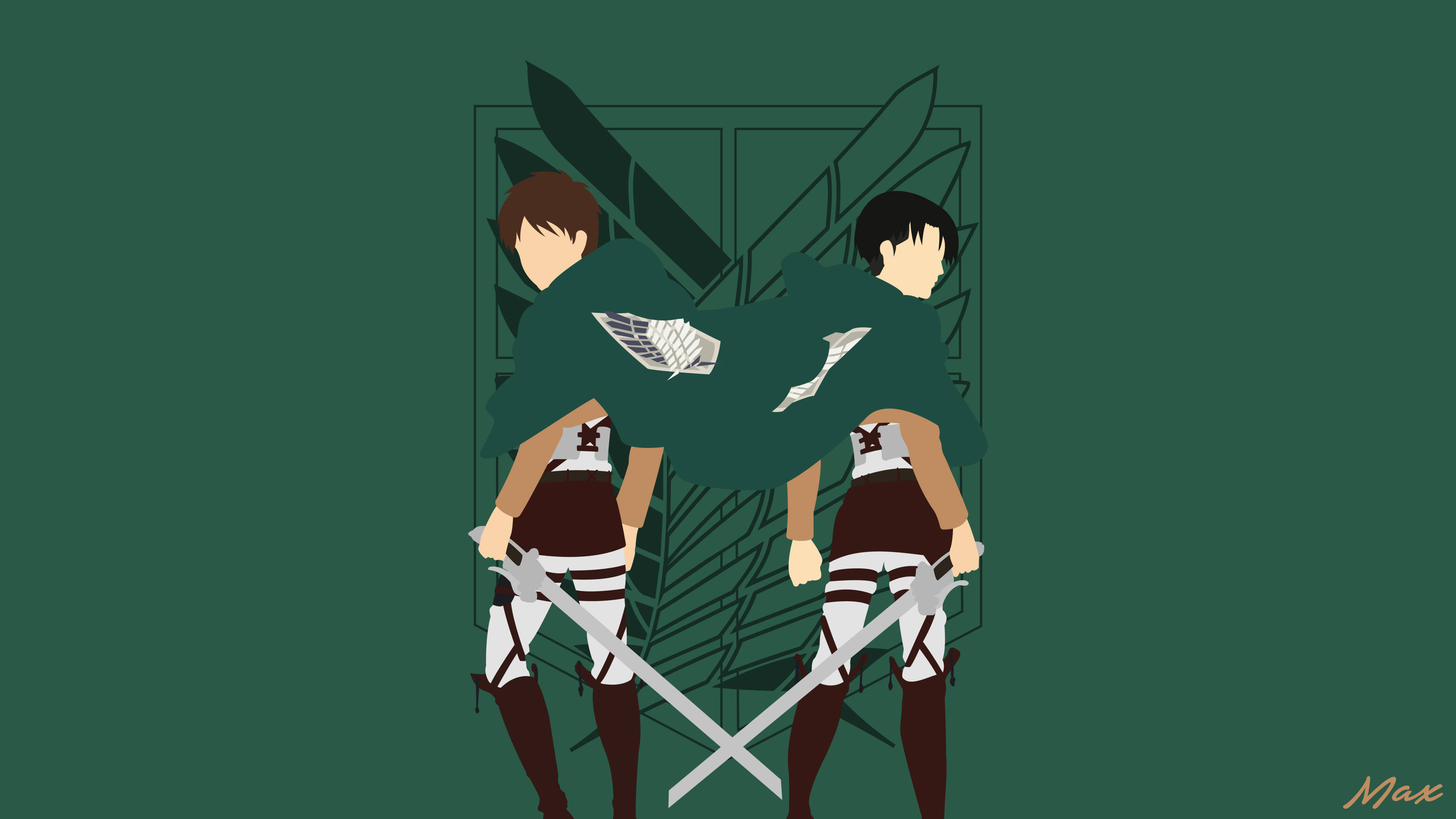 Levi 桌布 壁紙 — 兩名身穿綠色制服嘅動漫士兵背對背企喺深綠色背景前，手持交叉嘅劍。