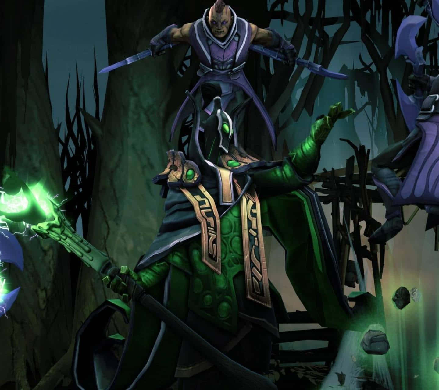 Rubick 桌布 壁紙 — 兩名身穿綠色和紫色盔甲的奇幻戰士在黑暗森林中，以發光武器和詭異燈光交鋒。