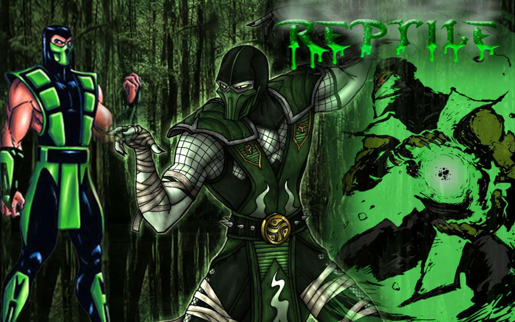 Mortal Kombat Reptile 桌布 壁紙 — 兩名身穿綠色服裝的忍者戰士站在黑暗的森林中，一個怪異的爬蟲類身影從綠色能量中出現。