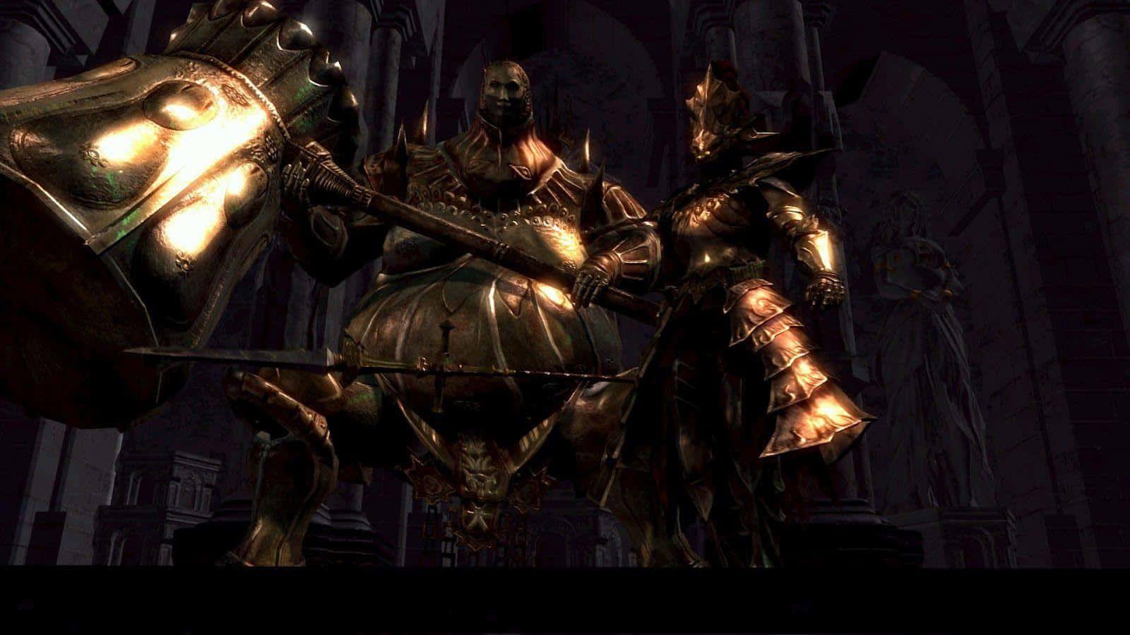 Dragon Slayer Ornstein 桌布 壁紙 — 兩名身穿華麗金色板甲的騎士站在光線昏暗的大教堂中，背景有發光的武器和雕像。