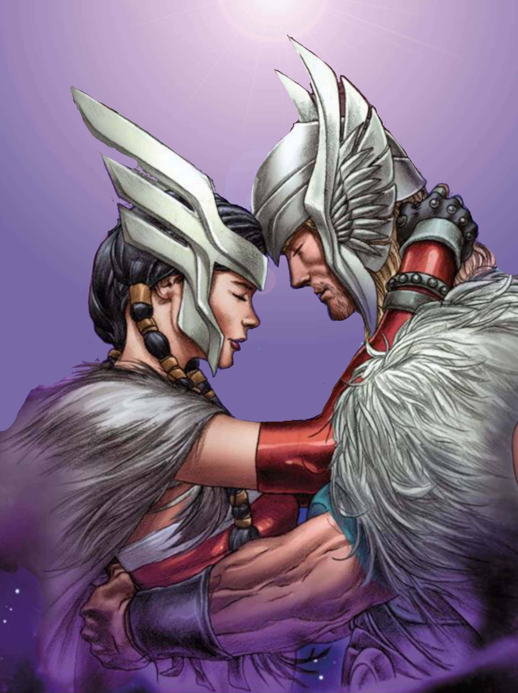 Lady Sif 桌布 壁紙 — 兩名身穿華麗頭盔的裝甲戰士在發光的紫色宇宙背景下溫柔擁抱。