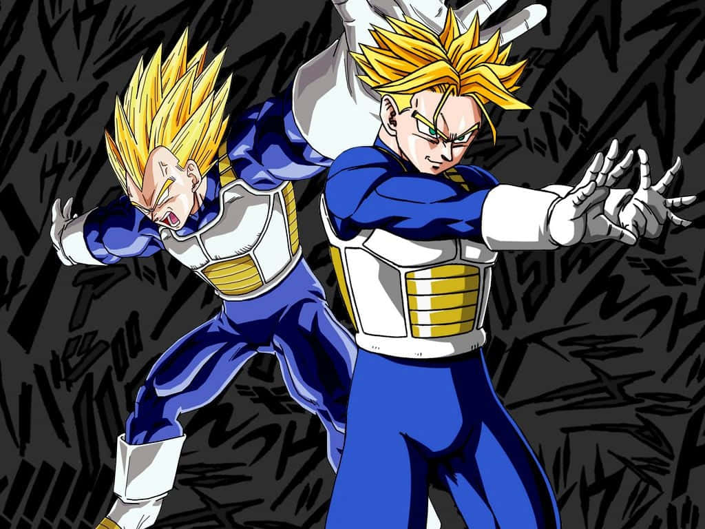 Vegeta And Trunks 桌布 壁紙 — 兩名身穿藍白戰鬥裝甲的賽亞人戰士，在黑暗抽象背景前擺出戰鬥姿勢。
