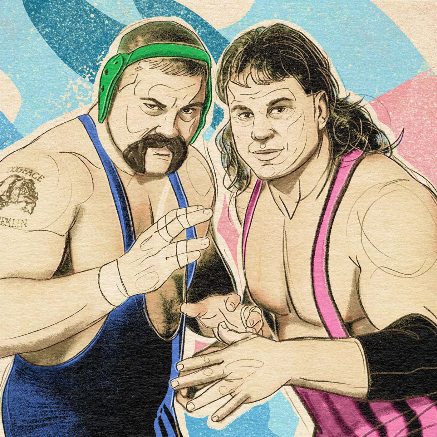 Scott Norton Rick Steiner Animated Image 壁紙 — 兩名身穿藍色和粉紅色緊身衣的復古摔角手在色彩繽紛的抽象背景前激烈擺姿勢。