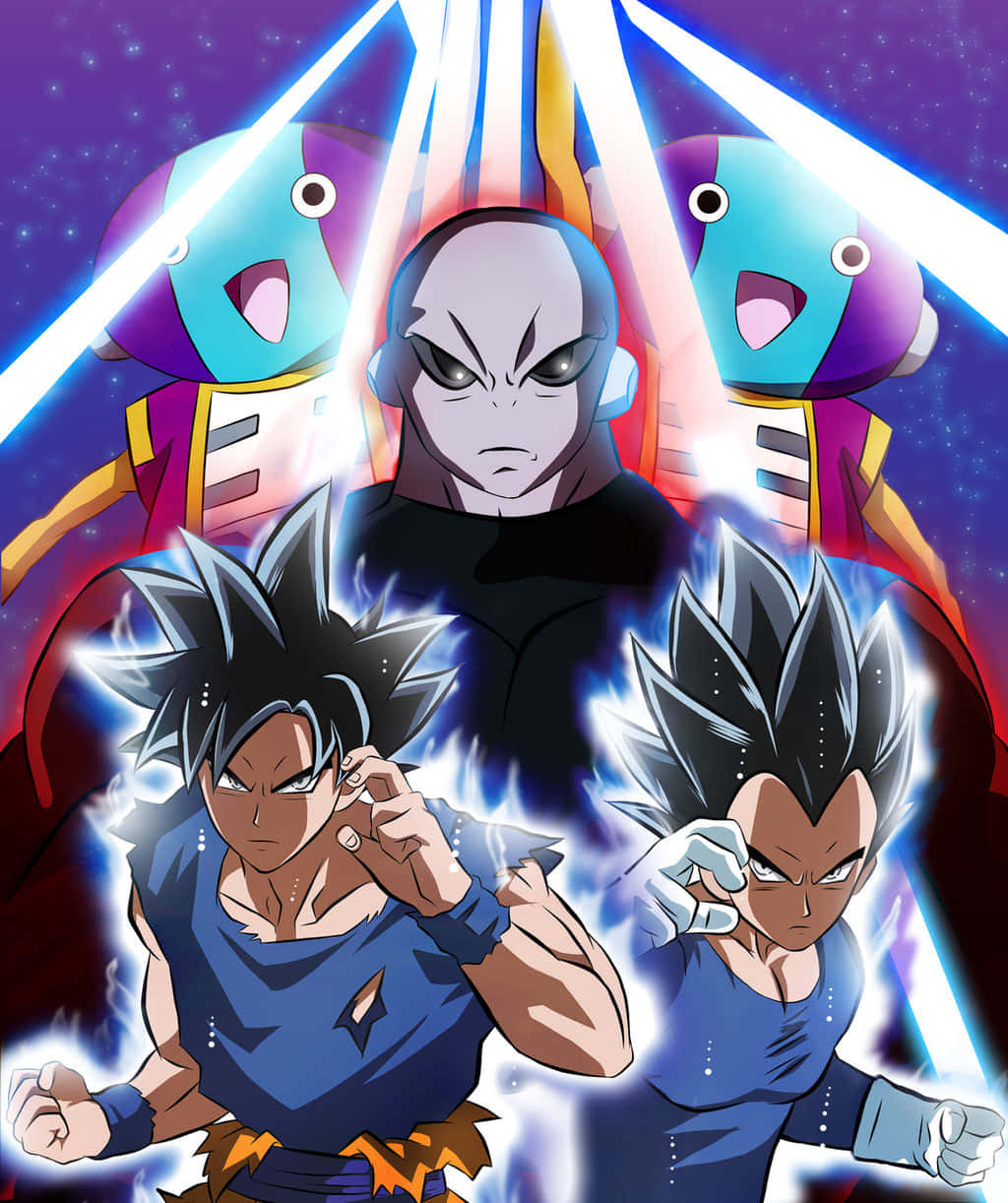 Tournament Of Power 桌布 壁紙 — 兩名身穿藍色戰鬥裝備的賽亞人戰士，在太空中以發光的能量拳頭與一名黑暗外星首領交鋒，其兩側有兩名驚訝的機械守衛。