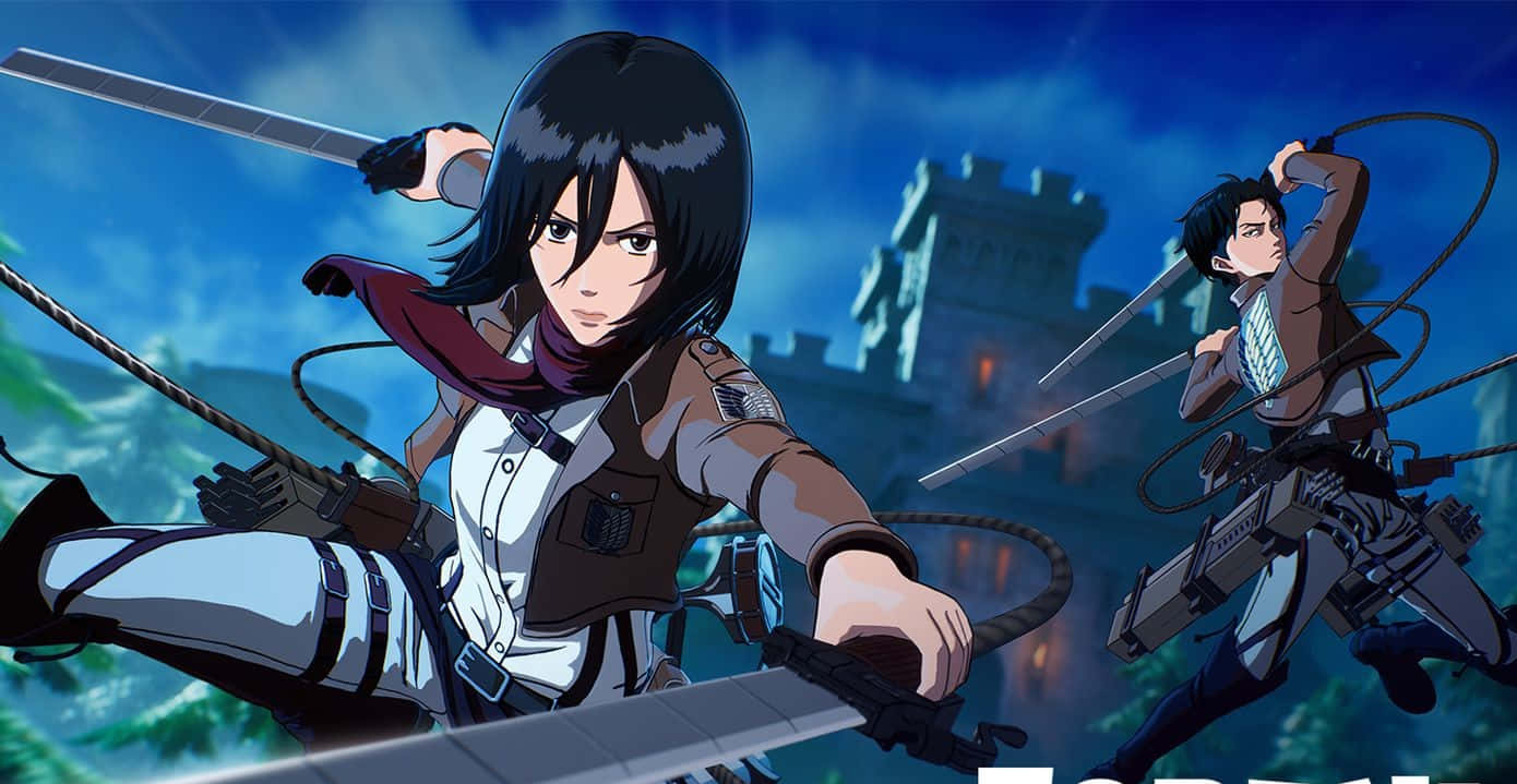 Attack On Titan Video Game 桌布 壁紙 — 兩名身穿裝備的動漫戰士在黃昏天空下，以城堡為背景揮舞劍和繩索。