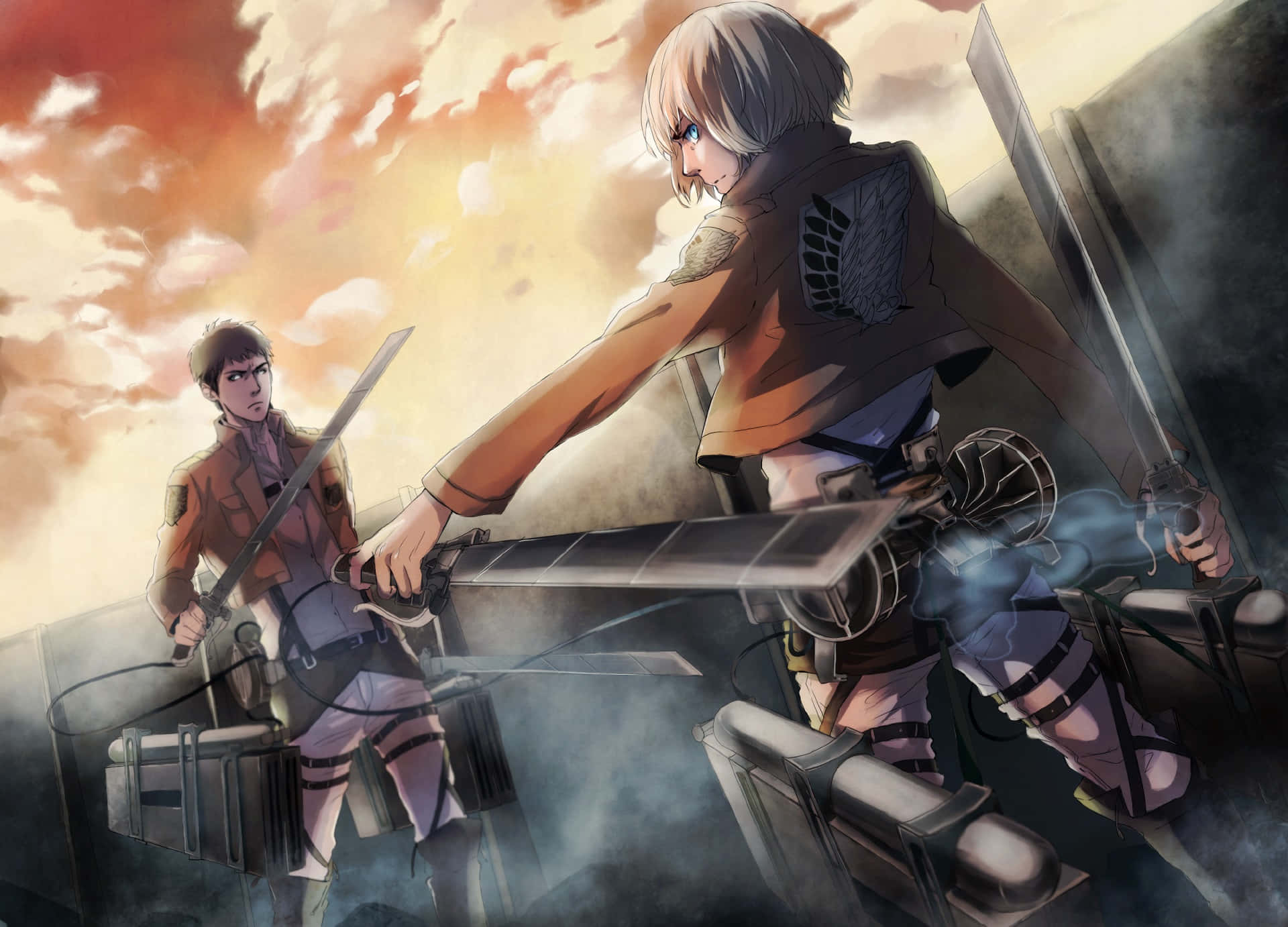 Jean Kirstein 桌布 壁紙 — 兩名身穿裝備的動漫戰士揮舞著劍和抓鉤，躍過火熱的天空。