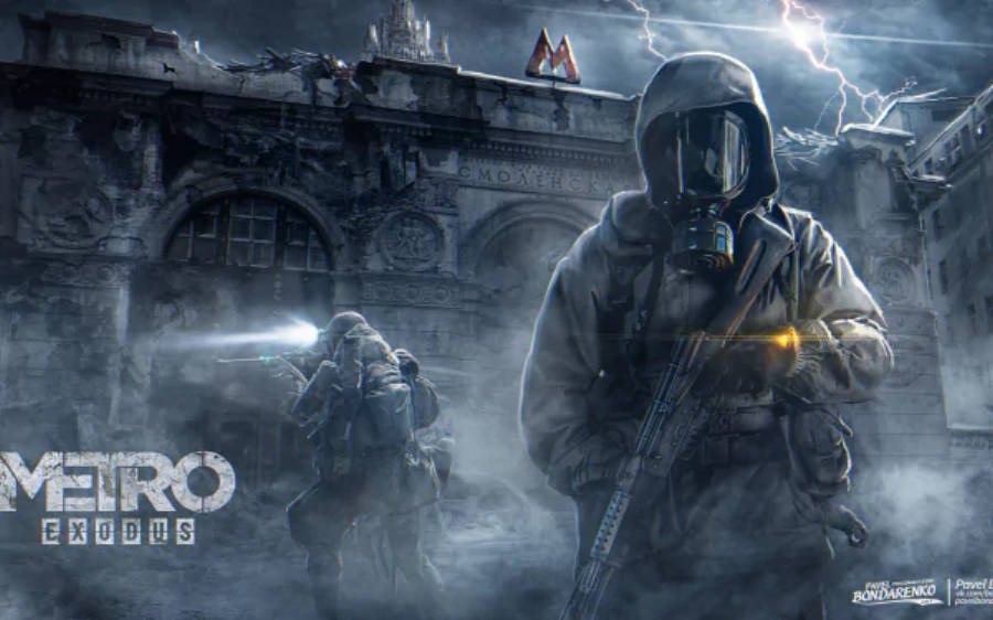 game 桌布 壁紙 — 兩名身穿裝甲、戴著防毒面具的士兵在雷電交加的暴風雨天空下，穿過被毀的地鐵站前進。
