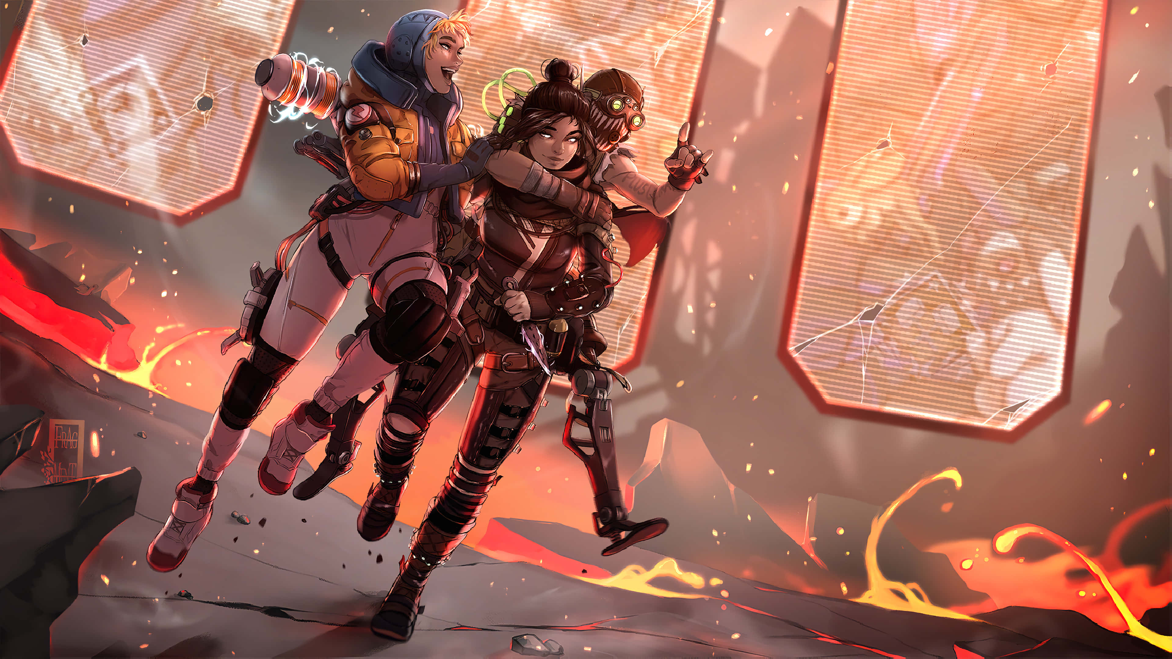 Apex Legends Characters 桌布 壁紙 — 兩名身穿裝甲的冒險者跳過一個燃燒的廢墟，周圍有發光的屏幕和飛揚的碎片。