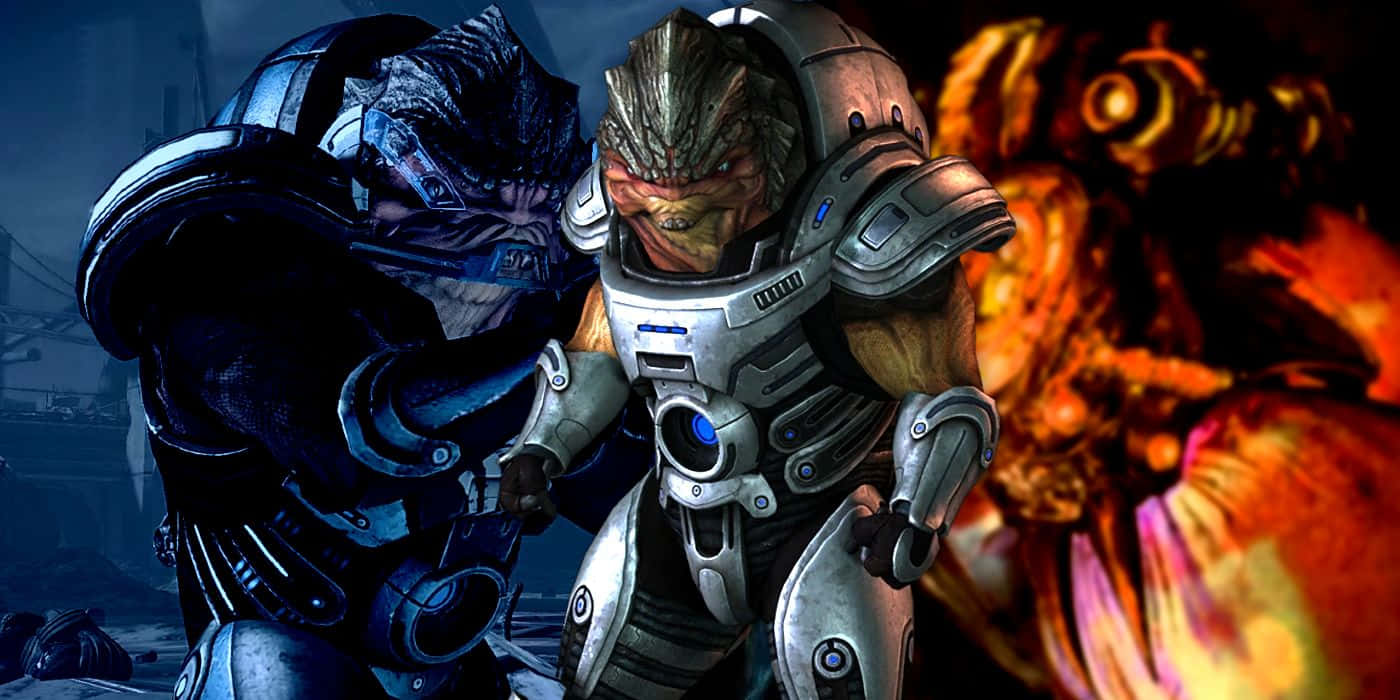 Mass Effect Grunt 桌布 壁紙 — 兩名身穿裝甲的外星戰士站在一個熾熱的戰鬥場景中，帶有發光的藍色和橙色能量效果。