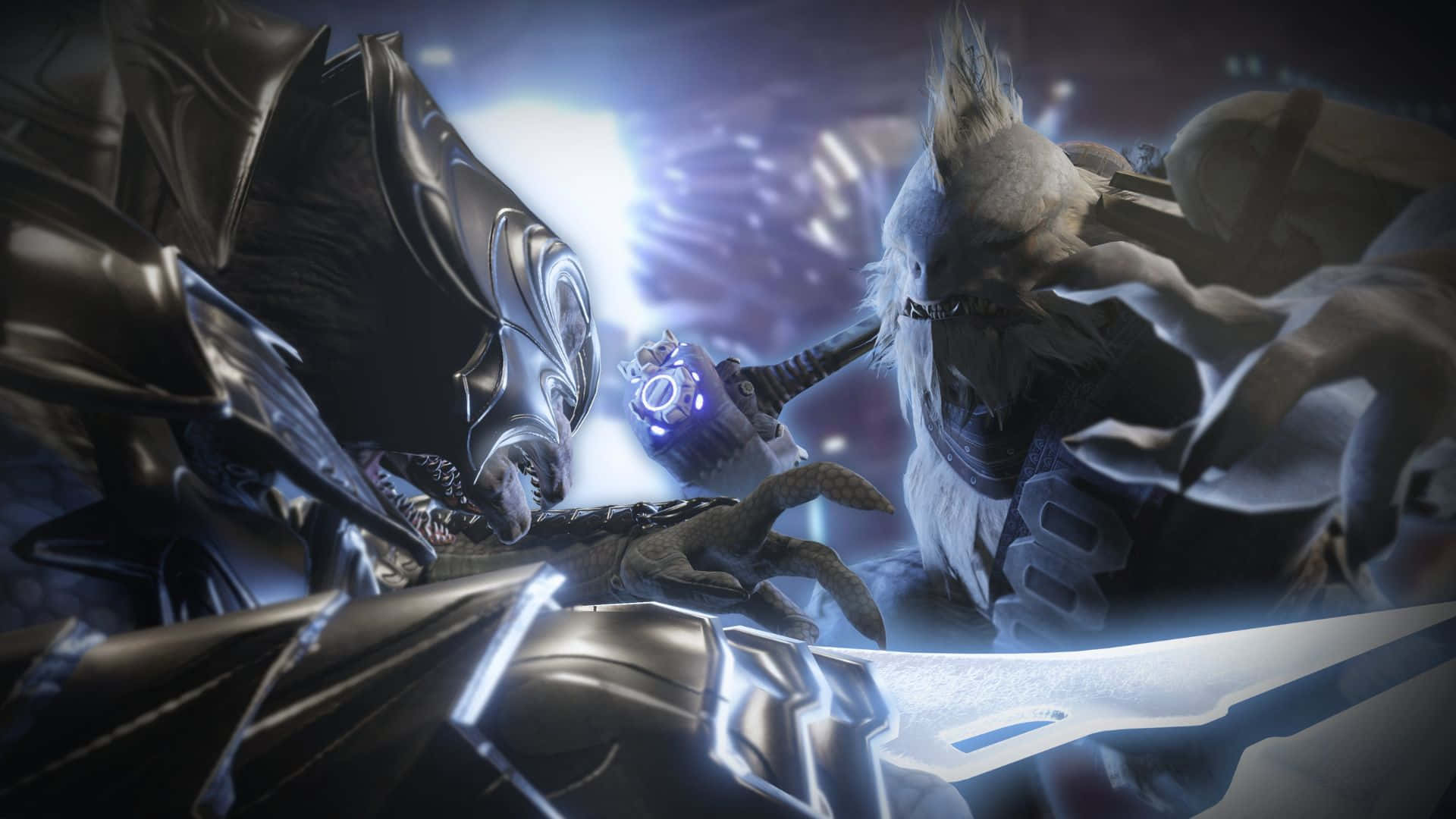 Tartarus 桌布 壁紙 — 兩名身穿裝甲的奇幻戰士在戲劇性的戰鬥中碰撞，散發著藍色光芒的能量和深色金屬盔甲。