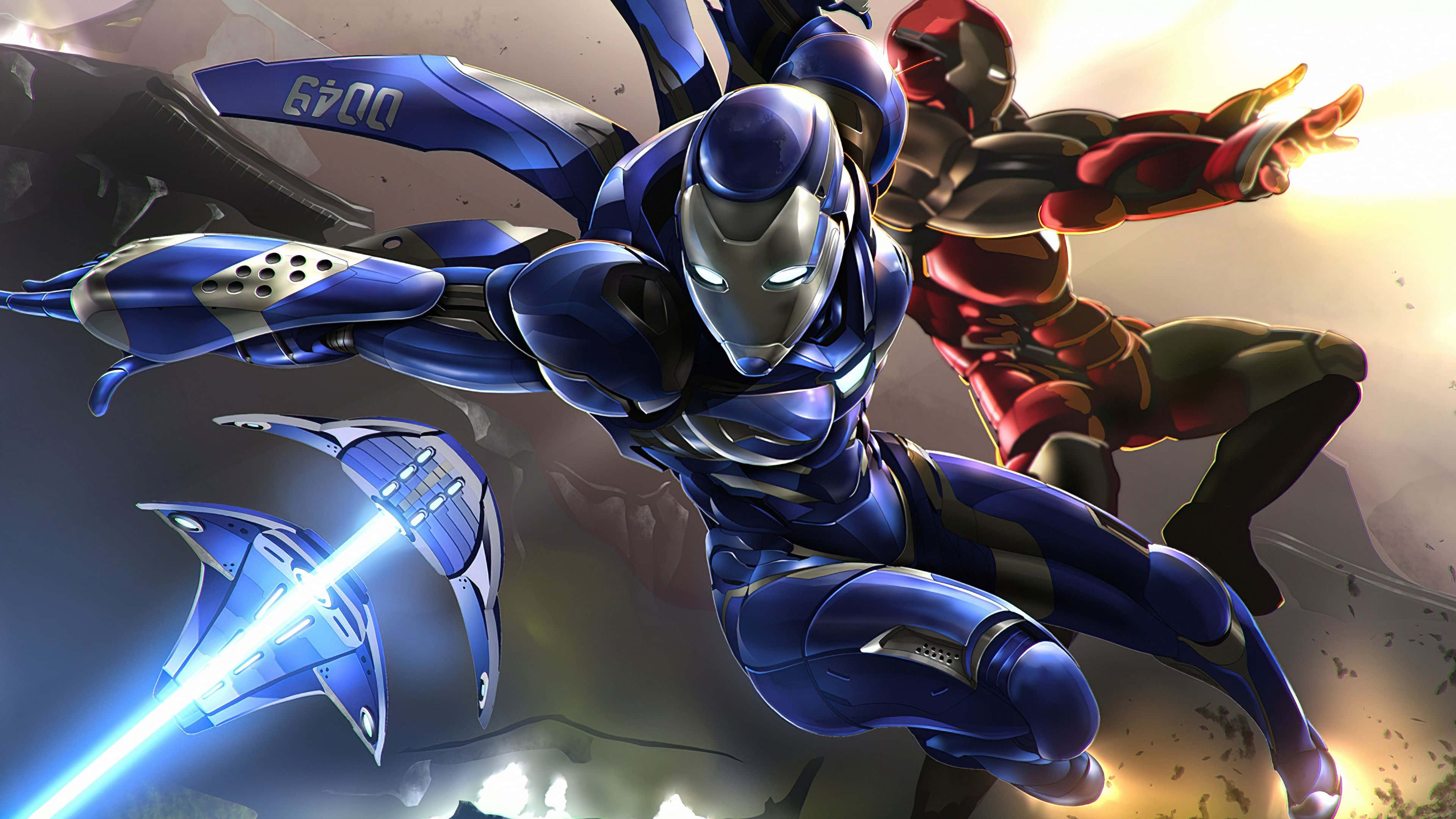 Pepper Potts 桌布 壁紙 — 兩名身穿裝甲的超級英雄以動態戰鬥姿勢手持發光武器，背景是煙霧瀰漫的戰場。