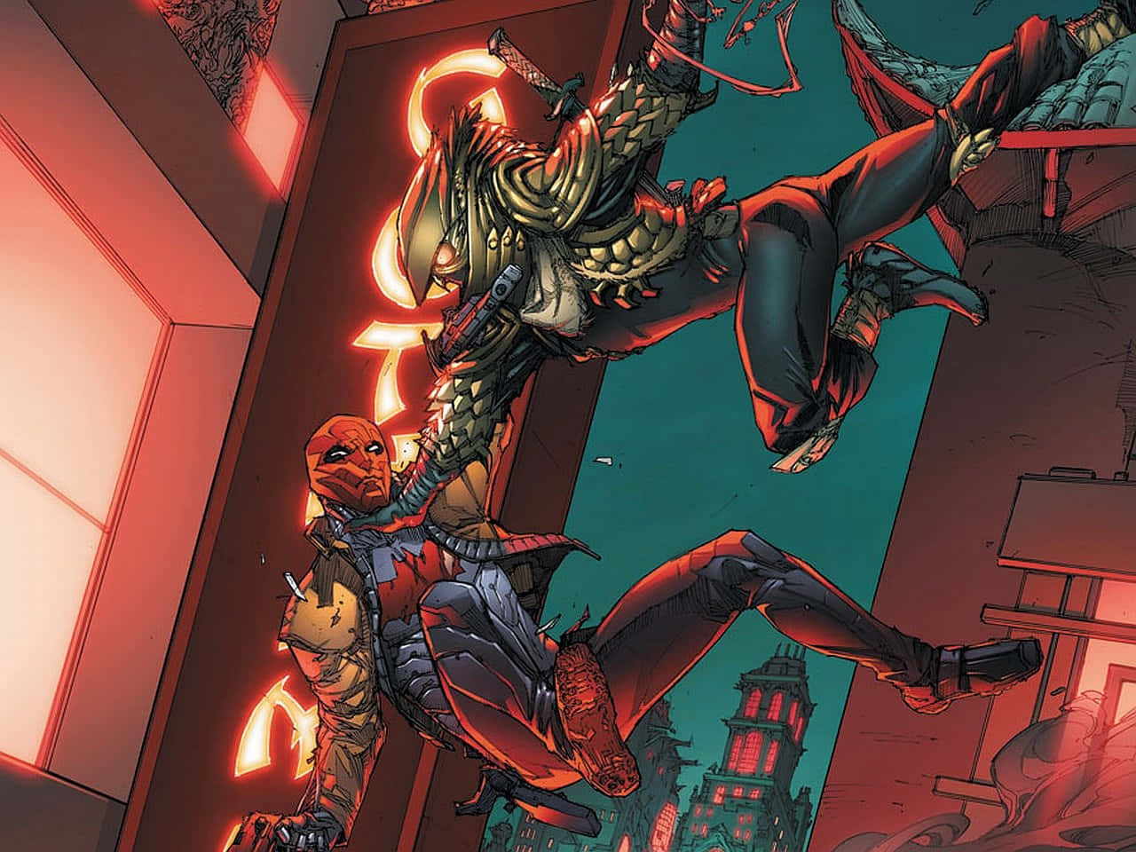 Red Hood 桌布 壁紙 — 兩名身穿裝甲的超级英雄在半空中碰撞，背景是霓虹燈照亮、帶有紅色和藍綠色光芒的城市景觀。