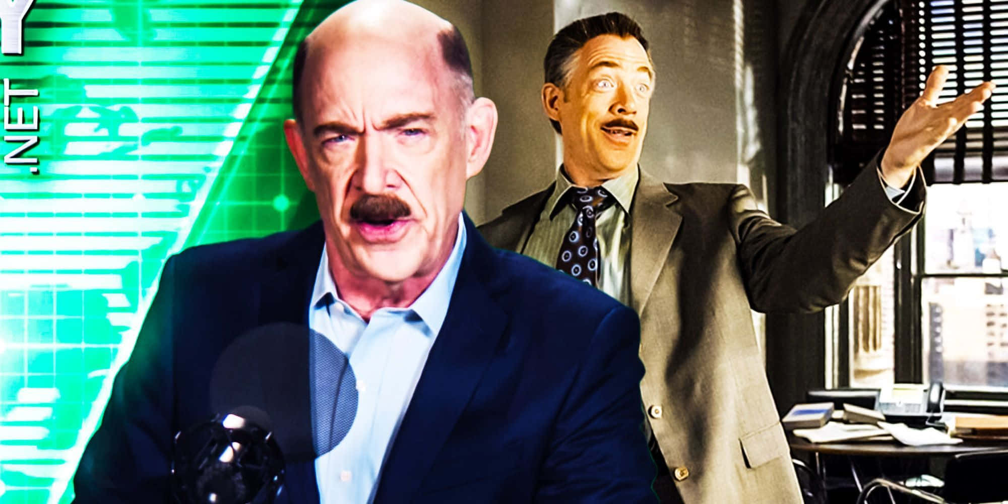 J Jonah Jameson 桌布 壁紙 — 兩名身穿西裝的男子在一個帶有綠色數碼圖形和窗景的辦公室中戲劇性地反應。