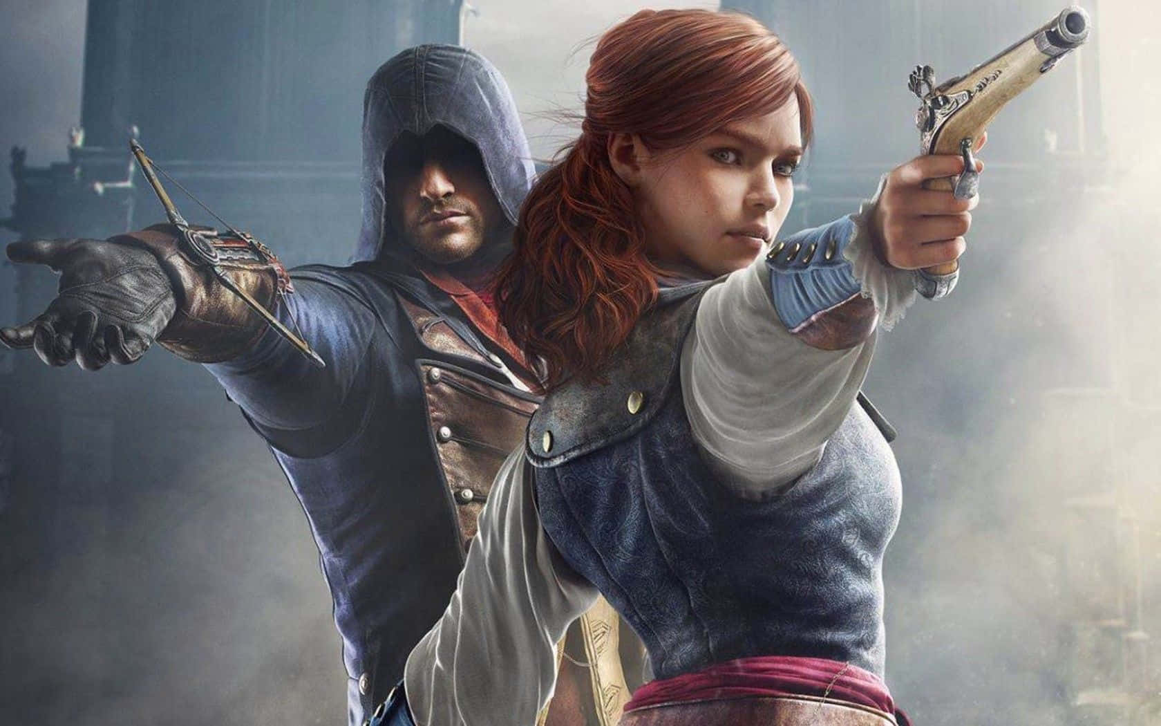 Arno Dorian 桌布 壁紙 — 兩名身穿連帽服裝的刺客在煙霧瀰漫的城市背景下，專注地瞄準武器。