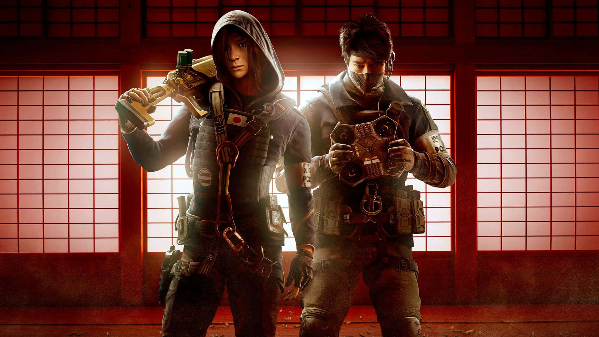 Rainbow Six Siege Operators 桌布 壁紙 — 兩名身穿連帽裝備的戰術特工，在充滿紅光的傳統日式房間內，手持未來感武器準備就緒。