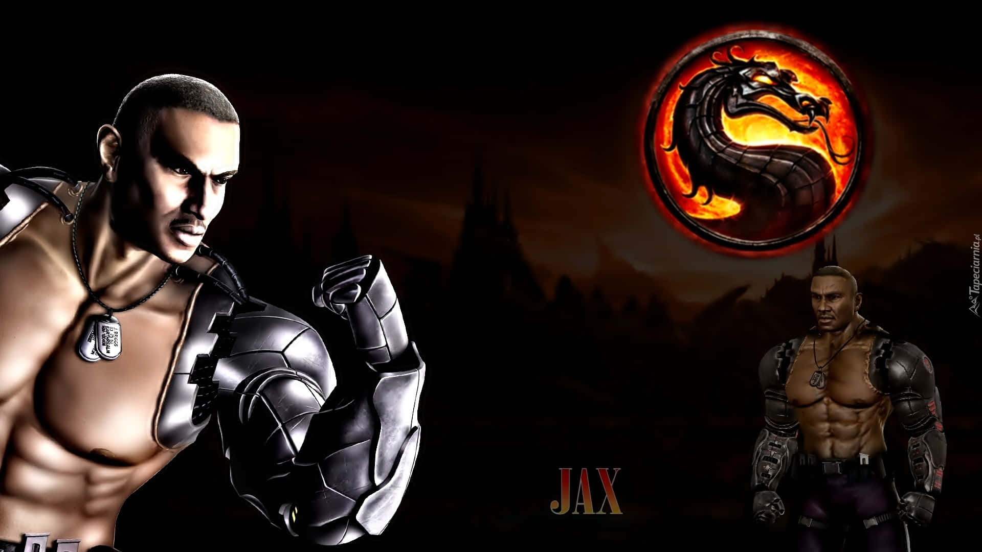 Mortal Kombat Jax 桌布 壁紙 — 兩名身穿金屬盔甲的肌肉戰士，在帶有龍徽章的黑暗火焰背景前準備就緒。