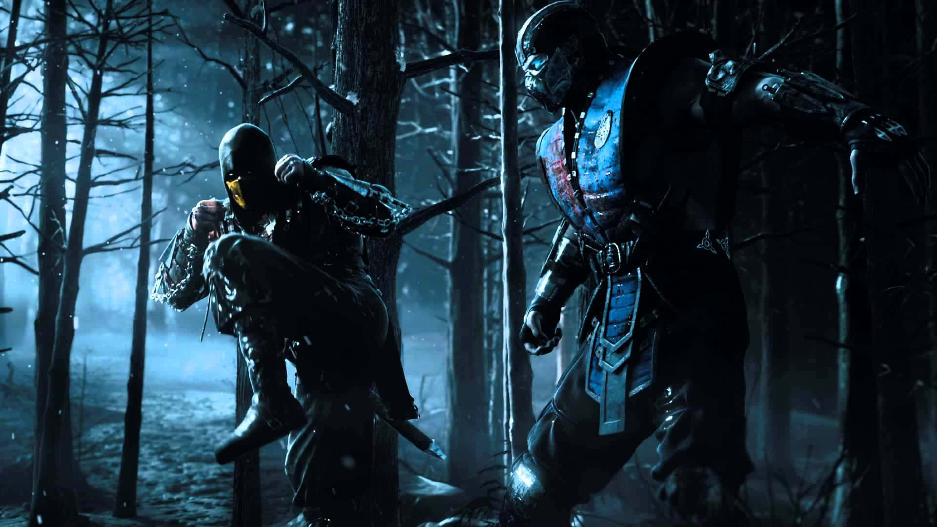 Mortal Kombat X 桌布 壁紙 — 兩名身穿鎧甲的戰士在月光下的雪林中交鋒，周圍是光禿禿的樹木和飄落的雪花。
