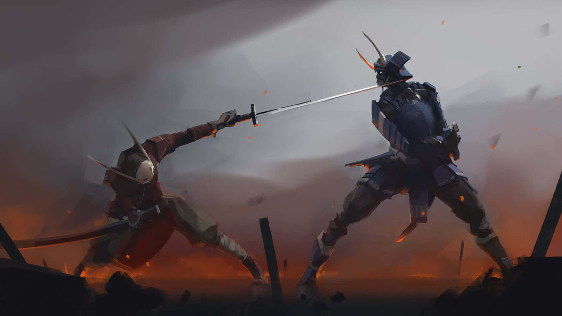 Samurai Armor 桌布 壁紙 — 兩名身穿鎧甲的戰士在煙霧瀰漫的天空下，於烈火戰場上刀劍相擊，火花四濺。