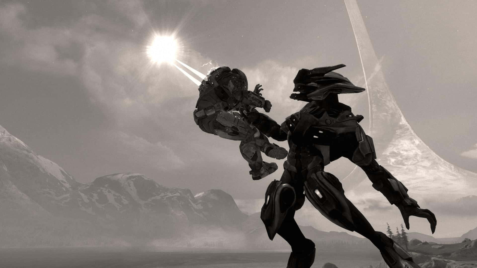 Halo Covenant 桌布 壁紙 — 兩名身穿鎧甲的戰士在白雪覆蓋的山脈和發光的太陽背景下，進行了一場戲劇性的黑白戰鬥。