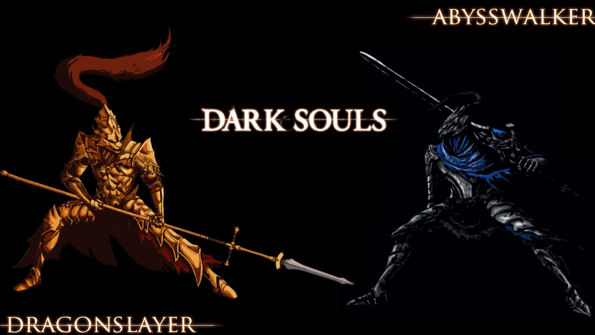Dragon Slayer Ornstein 桌布 壁紙 — 兩名身穿鎧甲的戰士在黑暗競技場中交鋒，一個金色紅披風，另一個黑色藍色點綴，兩人在發光文字下揮劍。