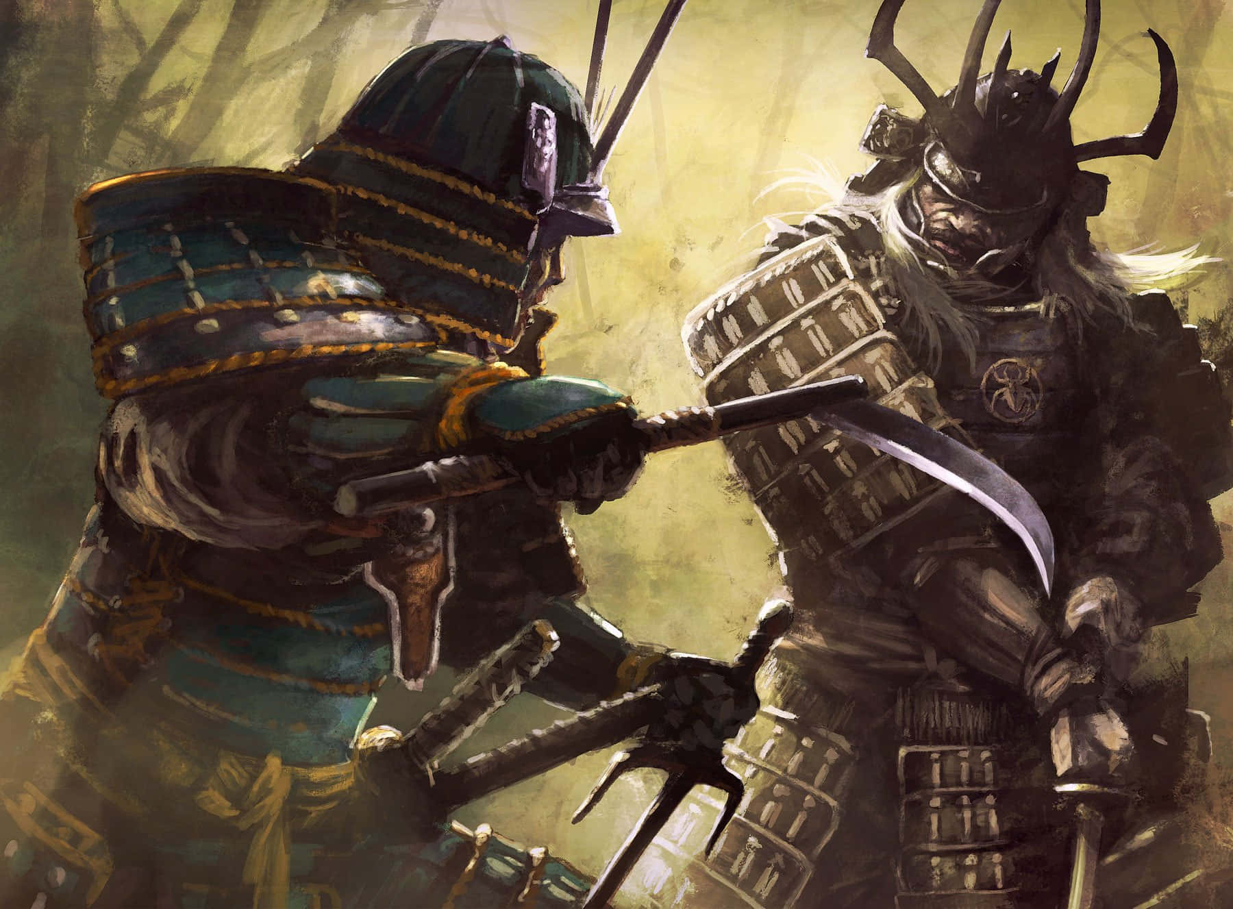 Samurai Armor 桌布 壁紙 — 兩名身穿鎧甲的武士在溫暖的金色光芒下進行緊張的決鬥，鎧甲細節豐富，姿勢充滿動感。