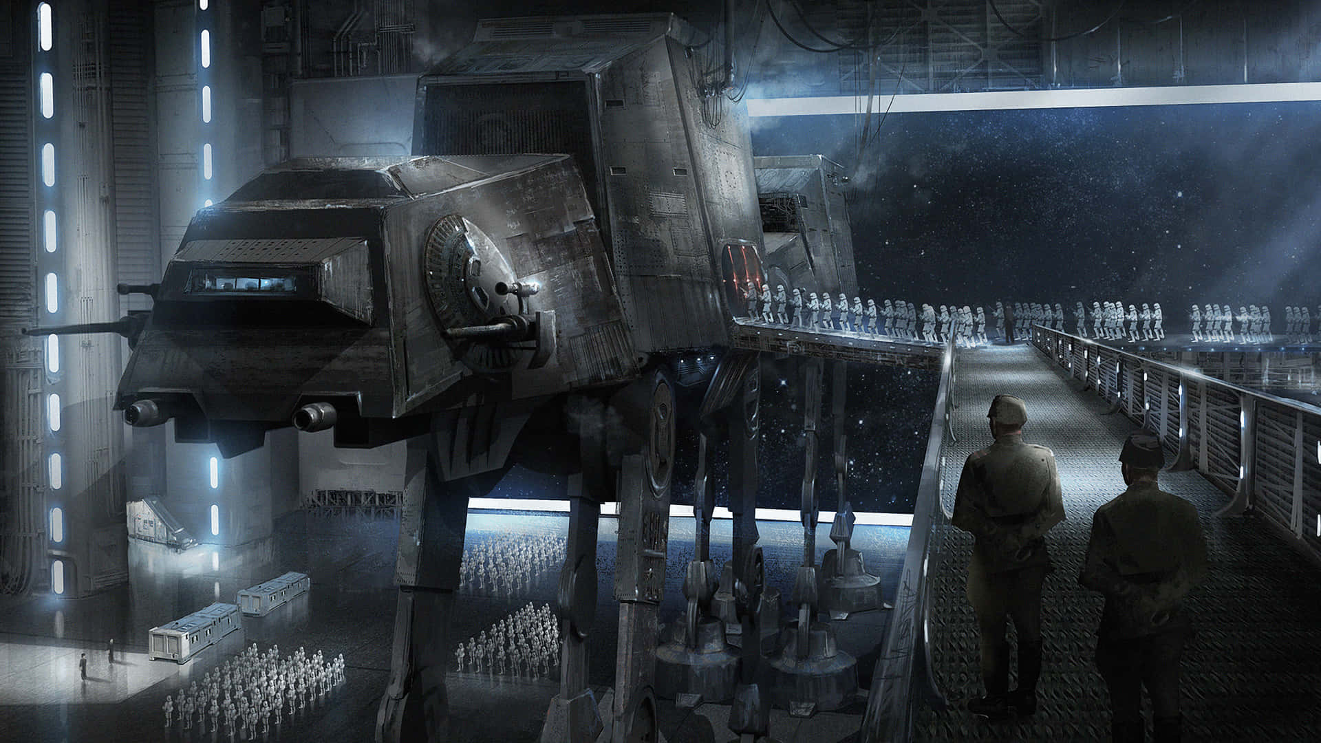 At-at 桌布 壁紙 — 兩名軍官站在橋上，俯瞰著一個巨大的AT-AT步行機，暴風兵在廣闊的工業機庫中列隊，背景是星空。