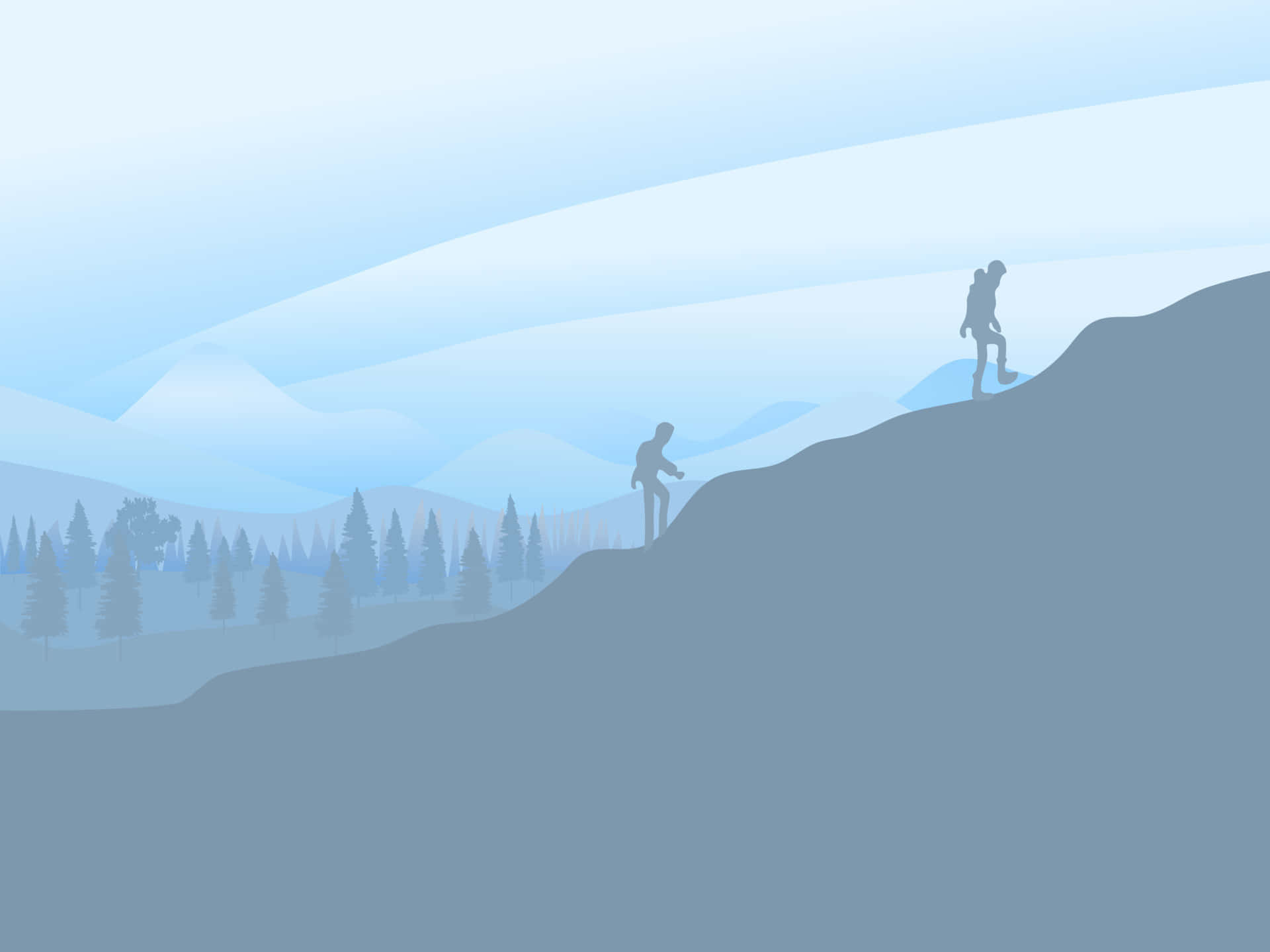 Hiking 桌布 壁紙 — 兩名遠足者在淡藍色天空下攀登霧氣瀰漫的山脊，遠處是森林覆蓋的山峰。