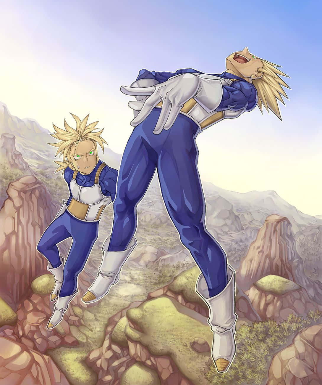 Vegeta And Trunks 桌布 壁紙 — 兩名頭髮尖刺的動漫戰士身穿藍白套裝，在柔和天空下動態跳躍於岩石地形上。