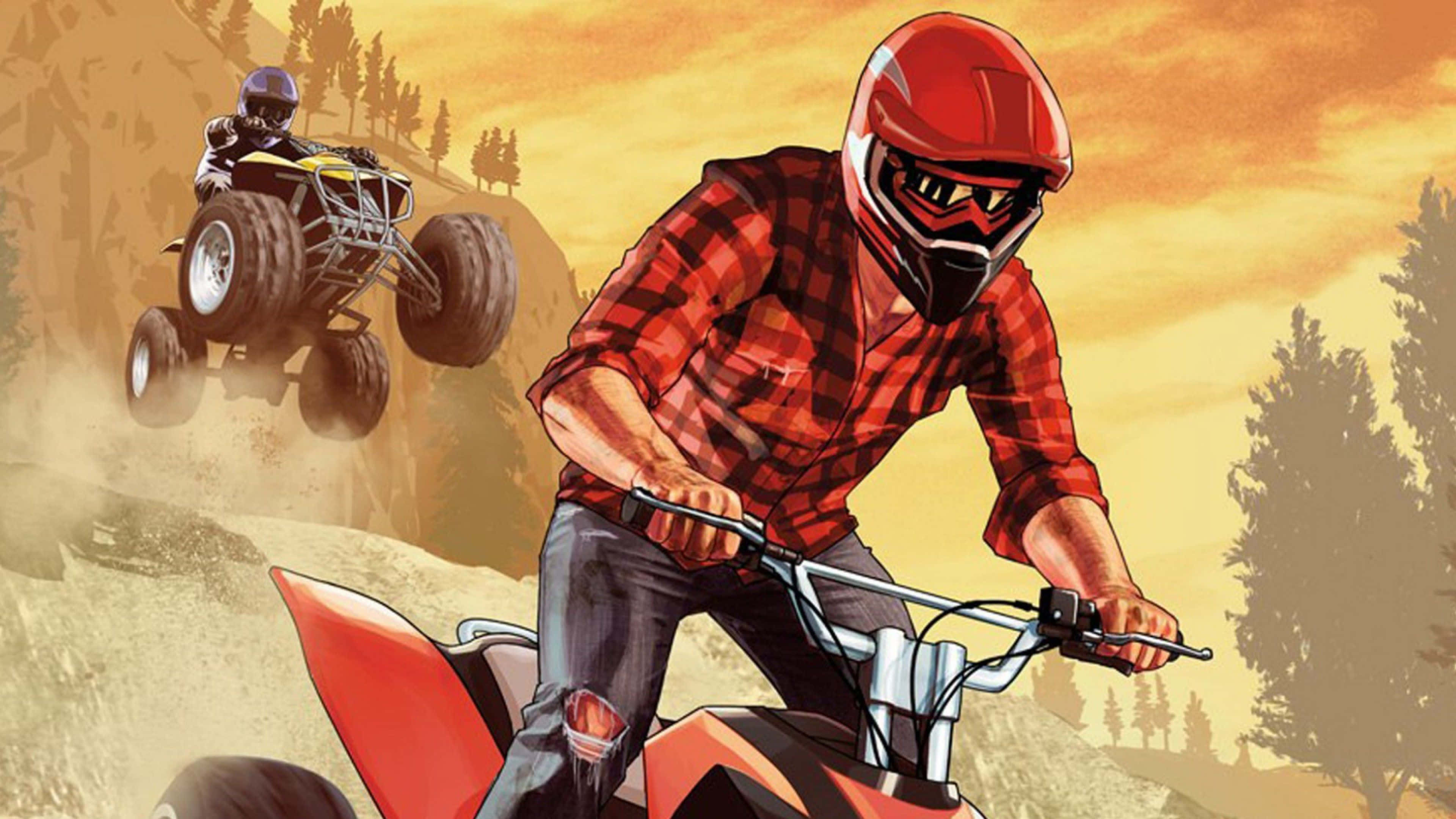 Gta V 4K 桌布 壁紙 — 兩名騎手在金色夕陽天空下，以松樹為背景，駕駛紅色ATV穿越塵土飛揚的地形競速。