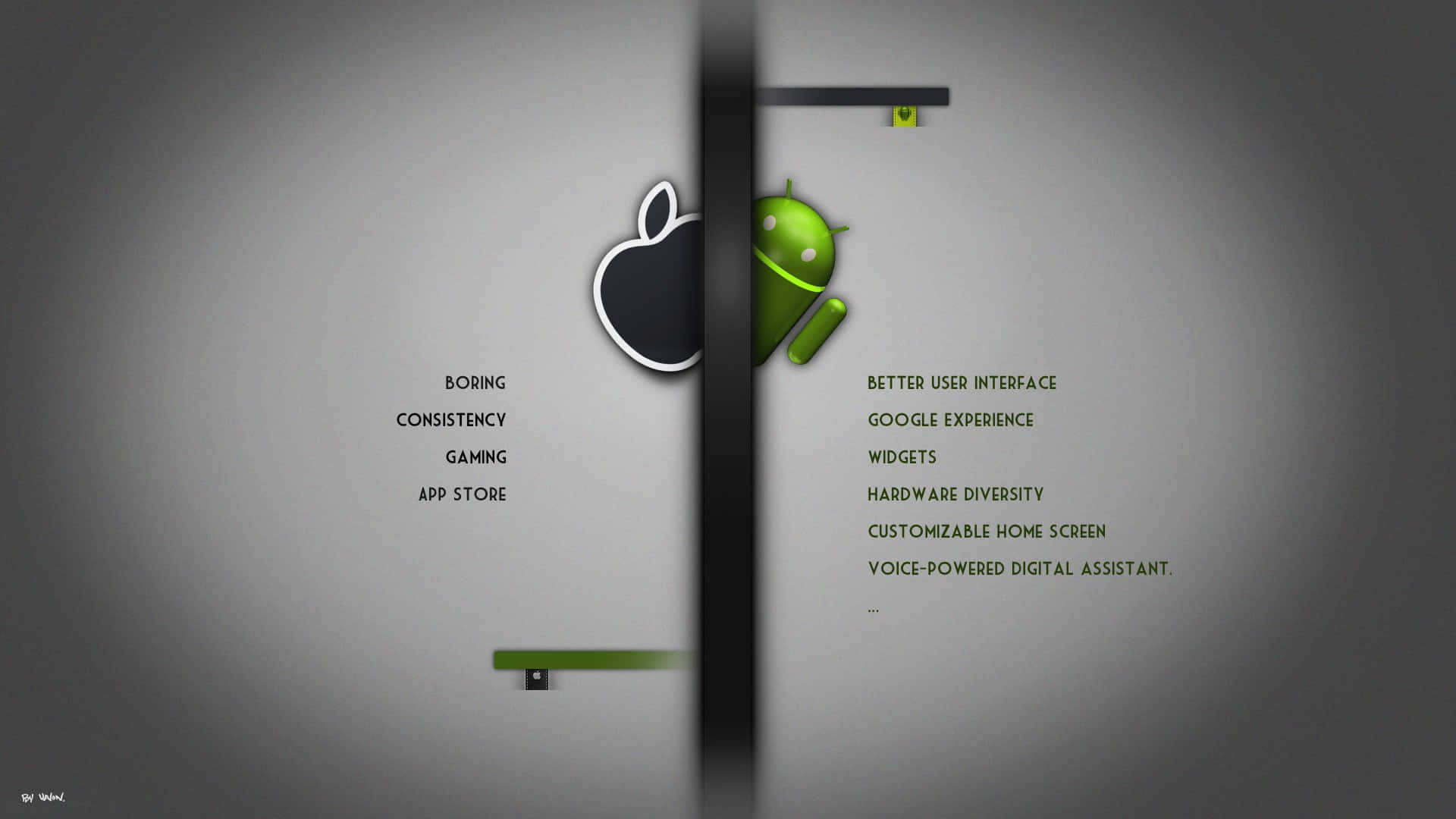 分割畫面顯示 Apple 和 Android 標誌及功能列表。