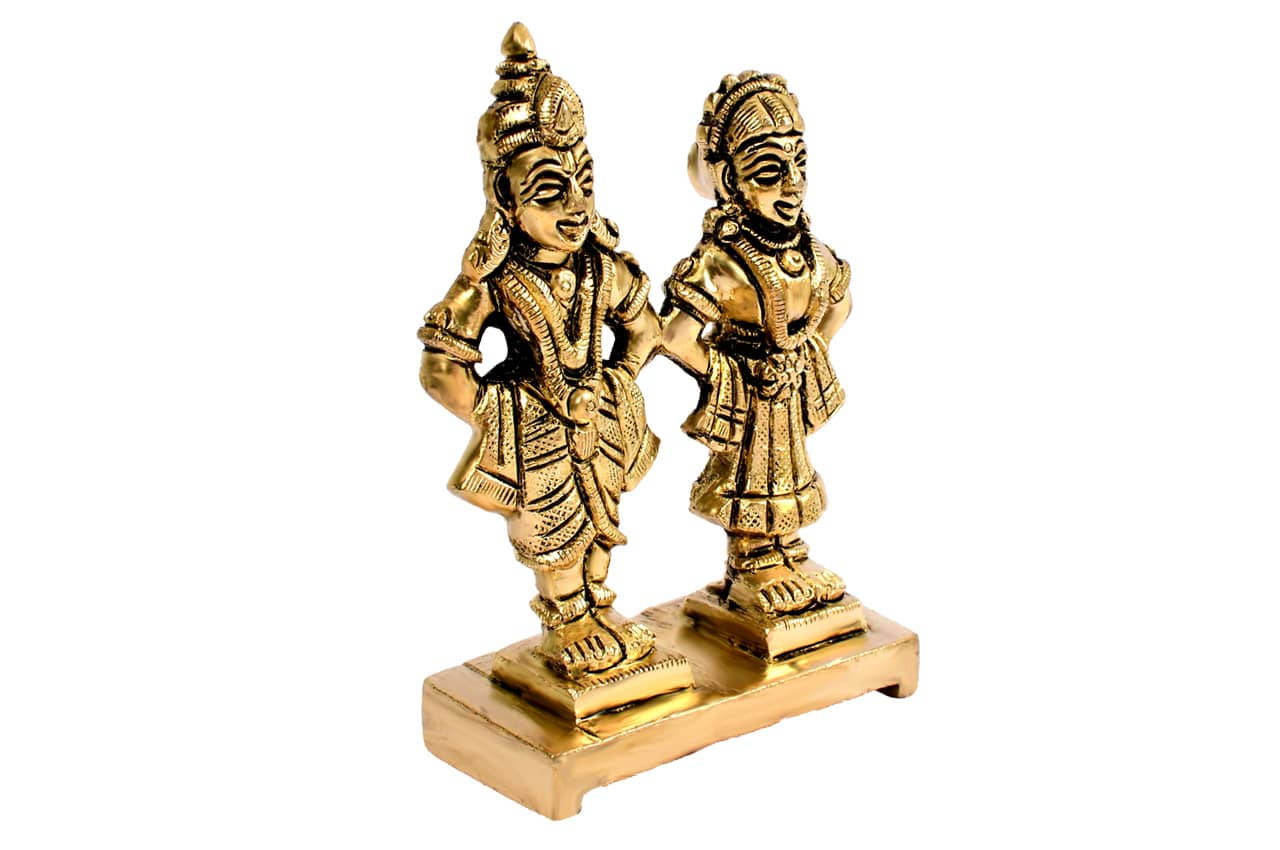 India 桌布 壁紙 — 兩尊細節精緻的金色印度教神像並排立在一個共用的底座上，背景是純白色。