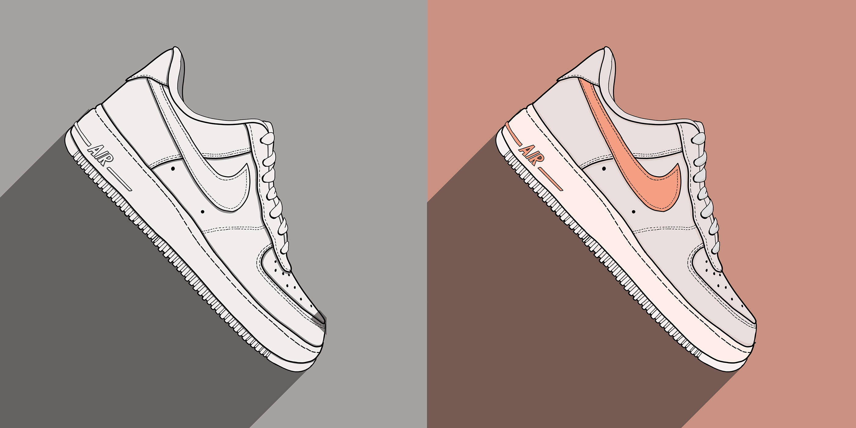 Nike 桌布 壁紙 — 兩對Nike Air Force 1波鞋並排插圖，一對單色輪廓，另一對珊瑚色剔號，背景柔和。