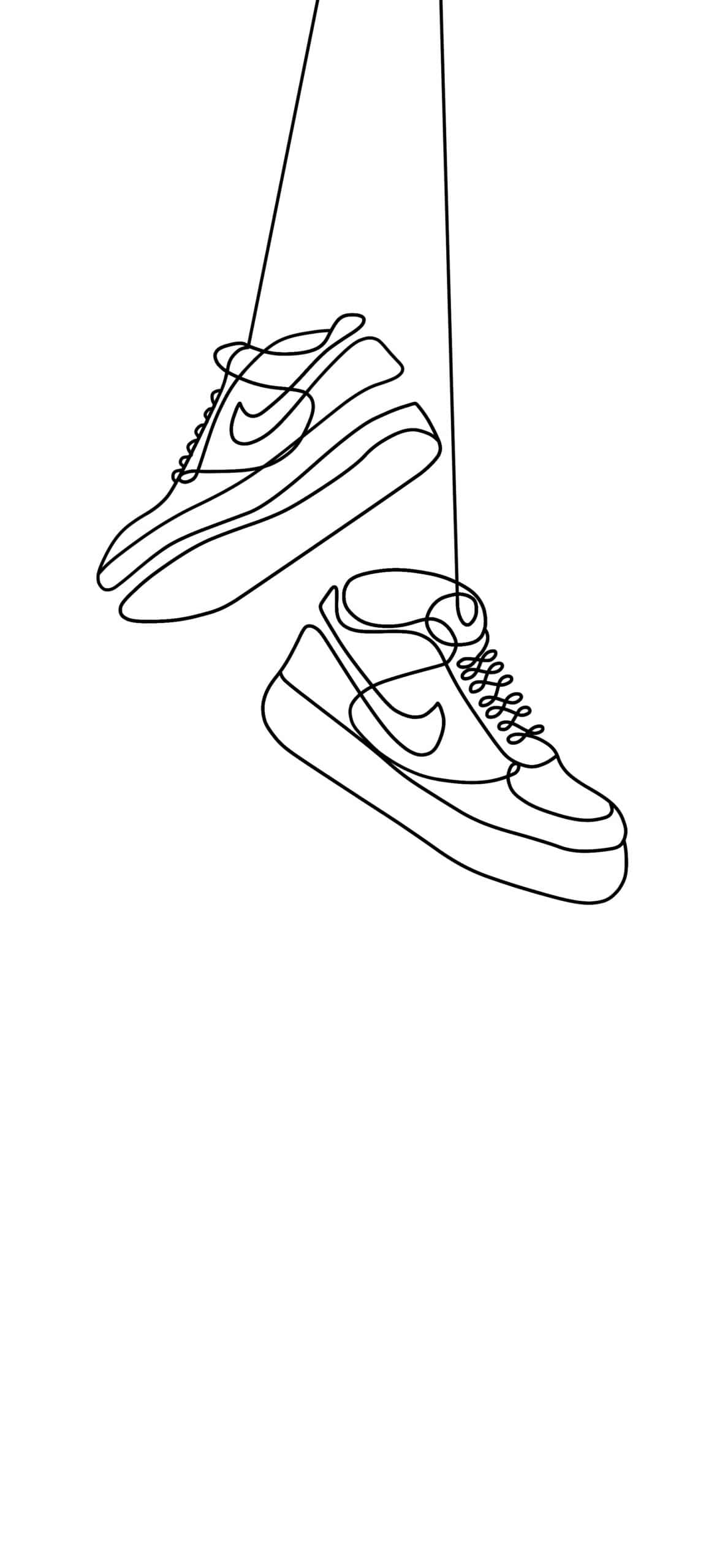 Minimalist Black And White 桌布 壁紙 — 兩對Nike運動鞋以細線懸掛在純白背景上，呈現極簡線條藝術風格。