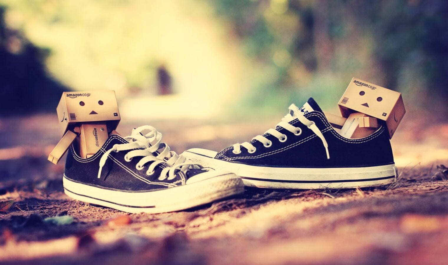 Cute Shoes 桌布 壁紙 — 兩對黑色運動鞋，紙板Danbo頭探出，放在溫暖陽光沐浴的樹葉森林地面上。