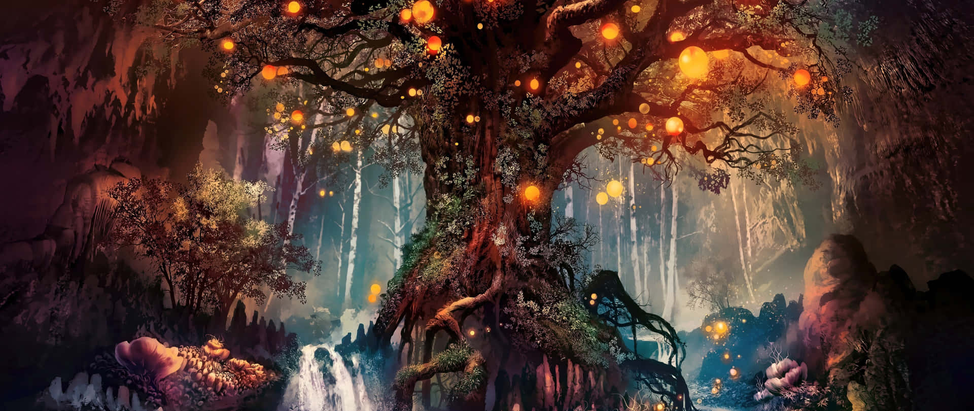 神秘洞穴中帶有瀑布和生物發光植物的發光古樹。