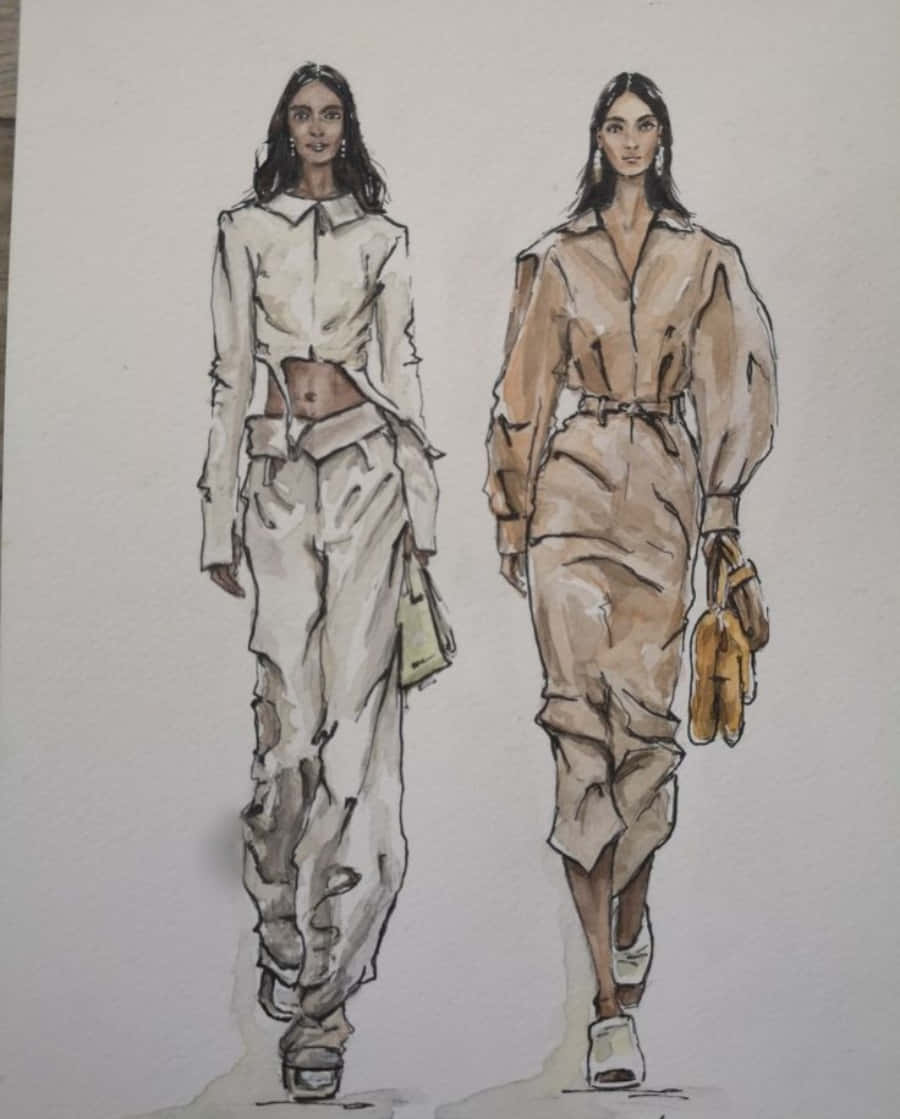 設計 桌布 壁紙 — 兩幅時尚草圖，描繪穿著大地色系服裝、自信地拿著手袋行走的女性。