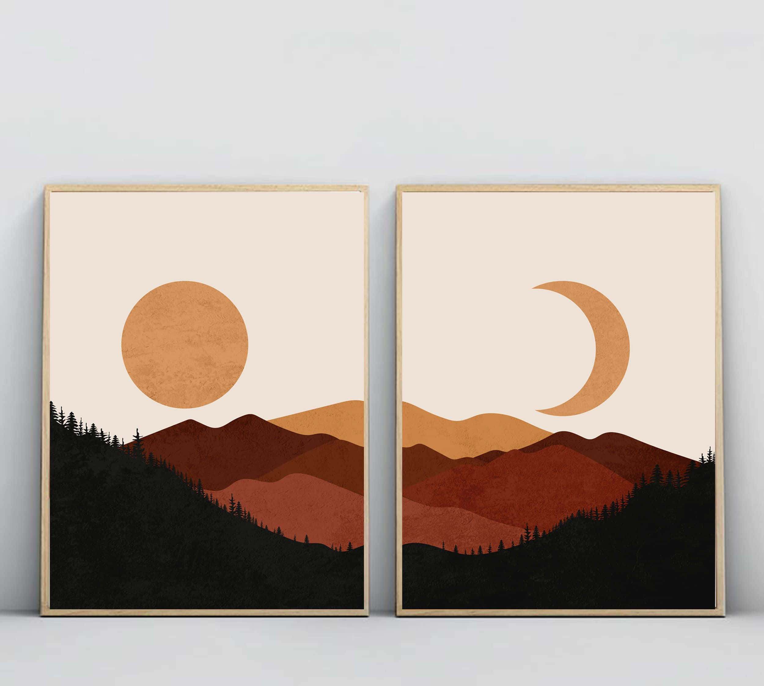 Modern Minimalist Art 桌布 壁紙 — 兩幅極簡風格裱框藝術品，描繪太陽與新月在層層山脈與深色森林剪影之上。