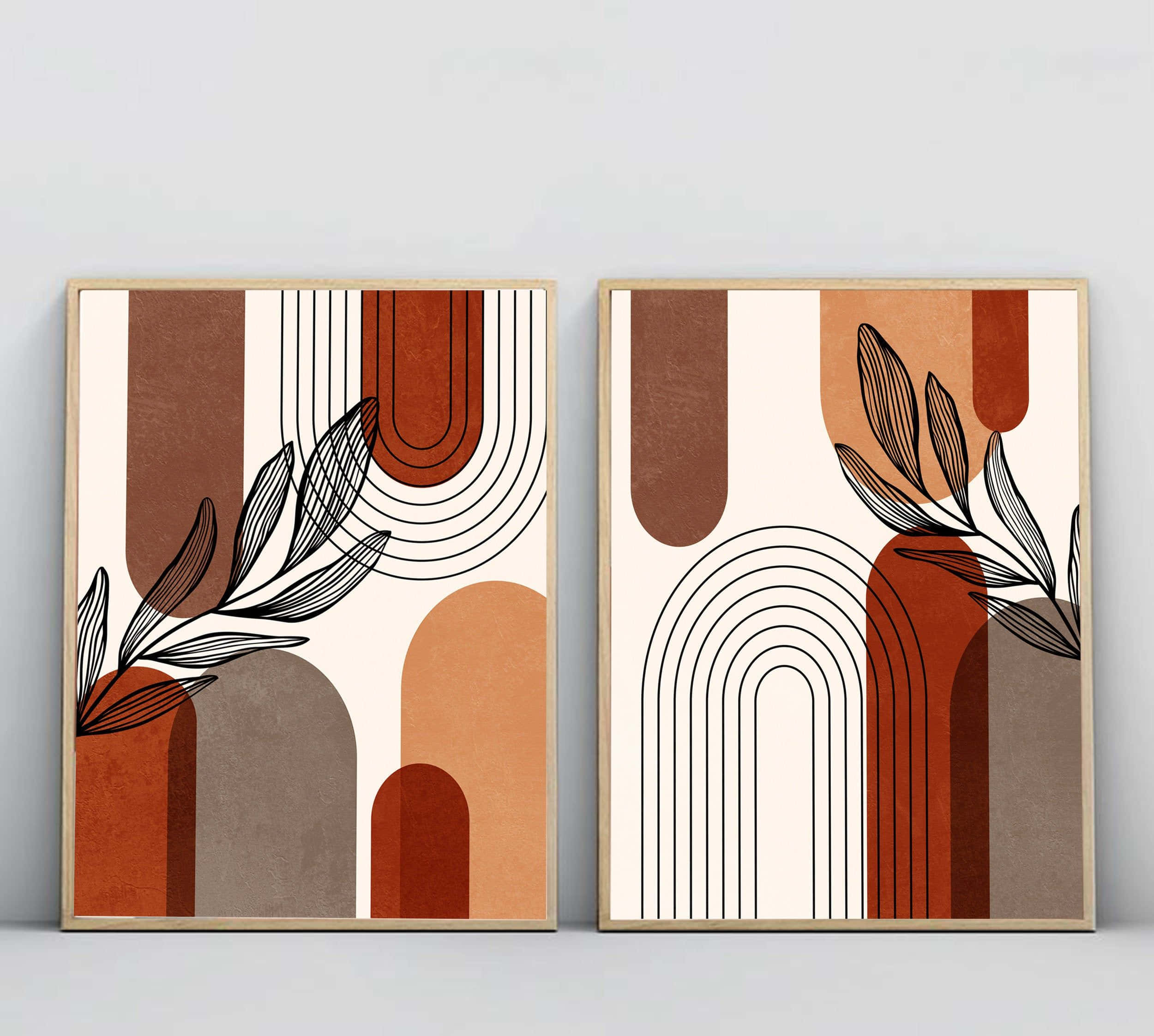 Modern Minimalist Art 桌布 壁紙 — 兩幅裱框抽象藝術印刷品，帶有大地色調、幾何形狀和黑色線條繪製的葉子，並排掛在淺色牆上。