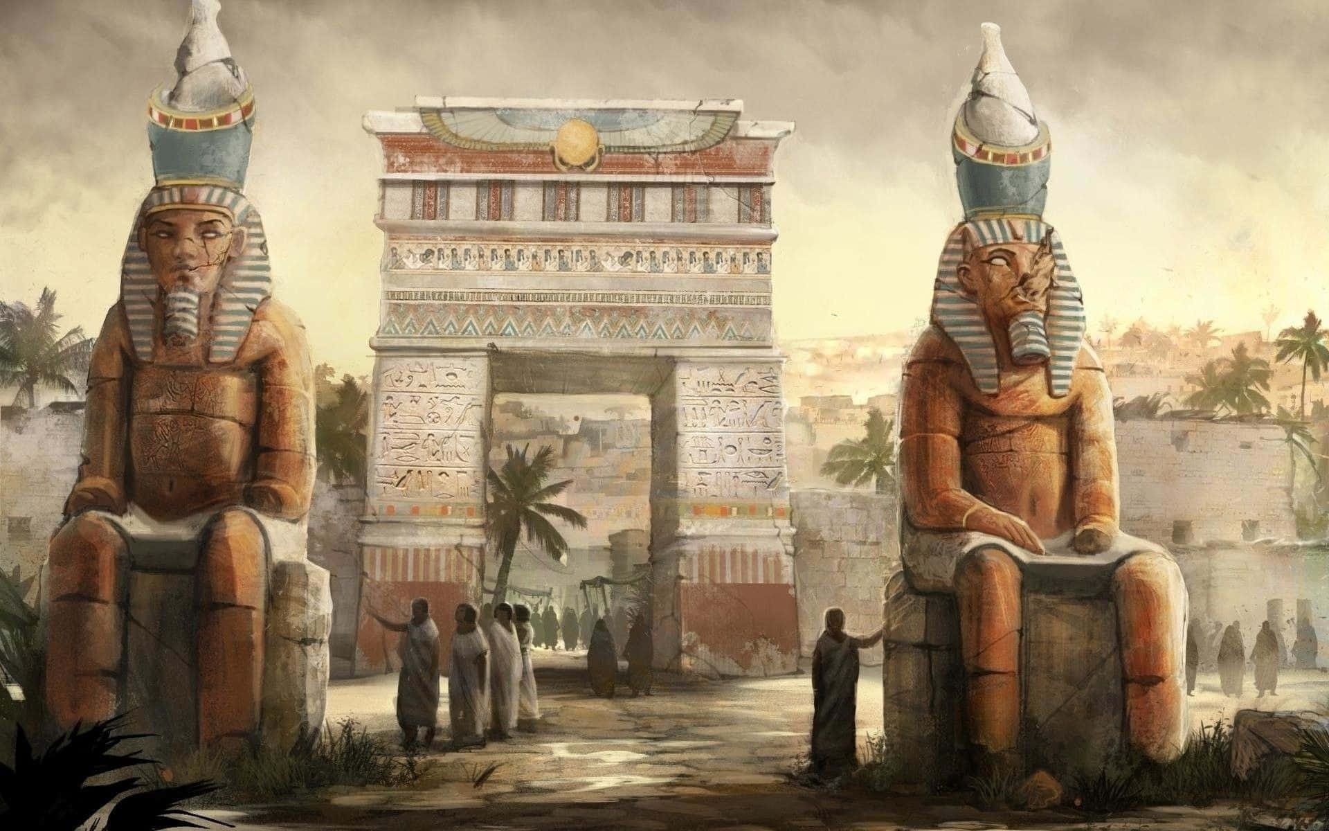 Egypt 桌布 壁紙 — 兩座巨大的法老王坐像守衛著一座華麗的古埃及大門，身著長袍的人物正走過塵土飛揚的神廟入口。