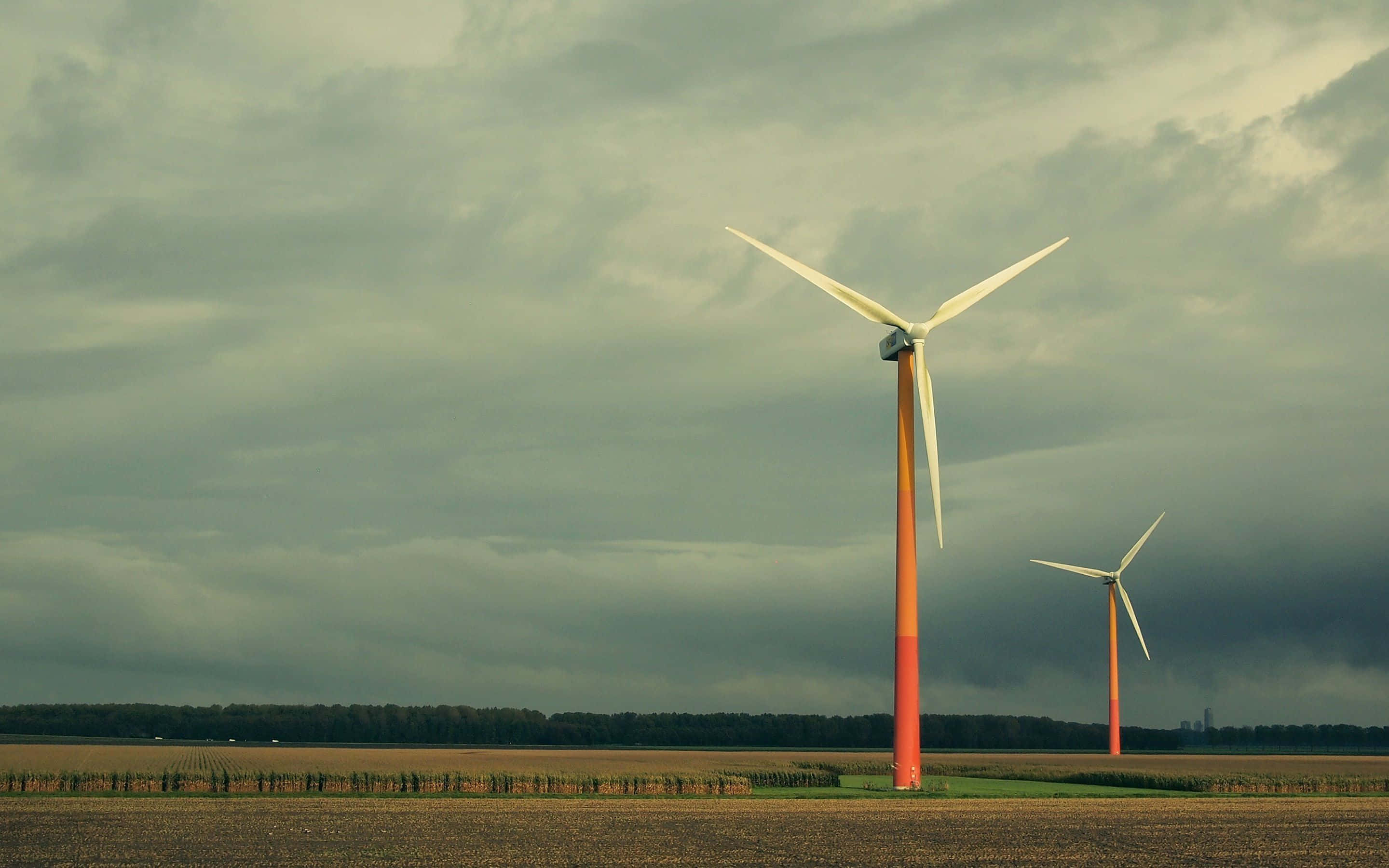 Renewable Energy 桌布 壁紙 — 兩座風力發電機高聳於廣闊田野中，天空陰沉密佈，地平線遠處有樹木。