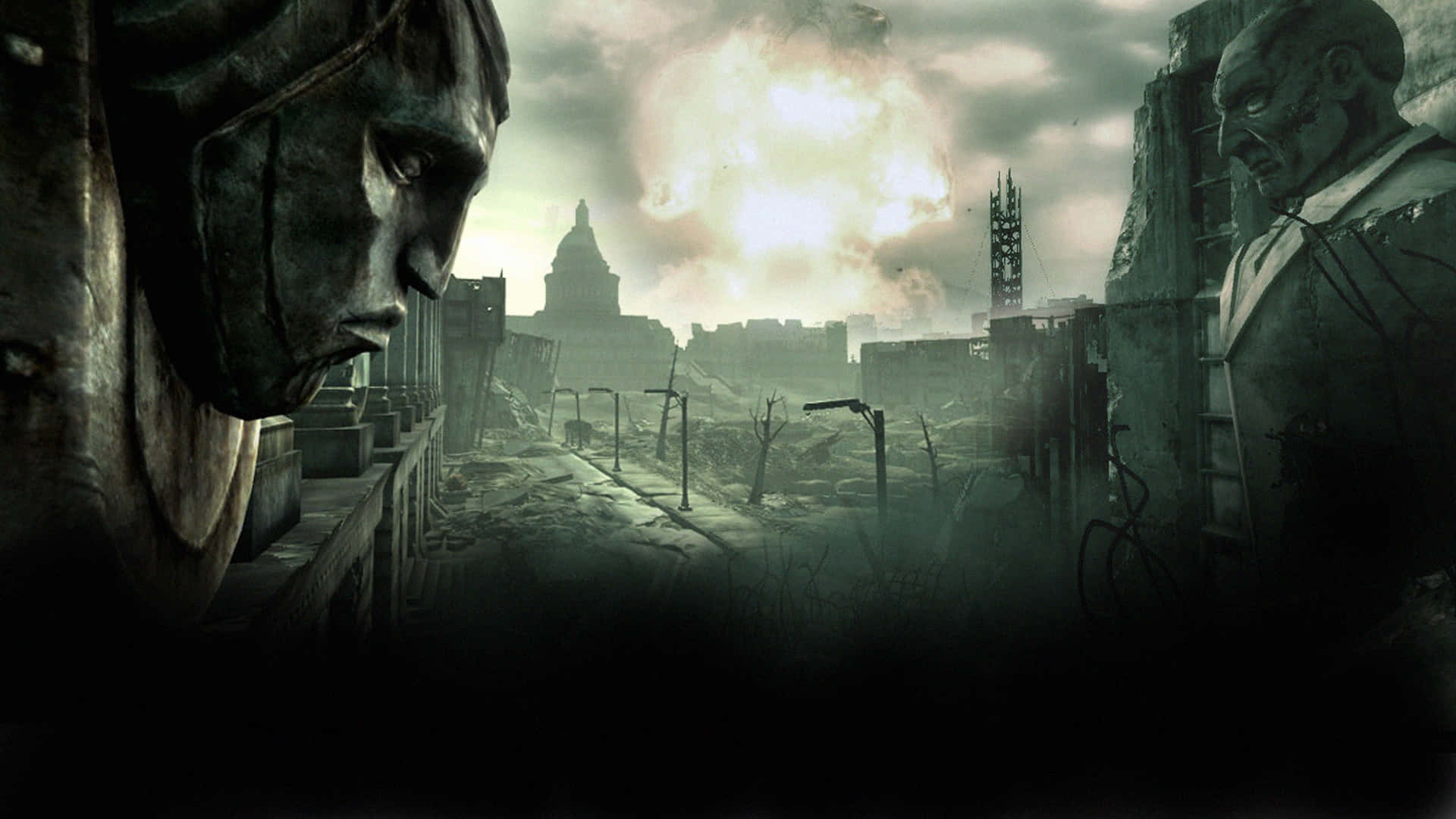Fallout 4 Wasteland 桌布 壁紙 — 兩座風化的雕像矗立在荒涼的廢墟城市景觀兩側，下方是發光的核爆炸。