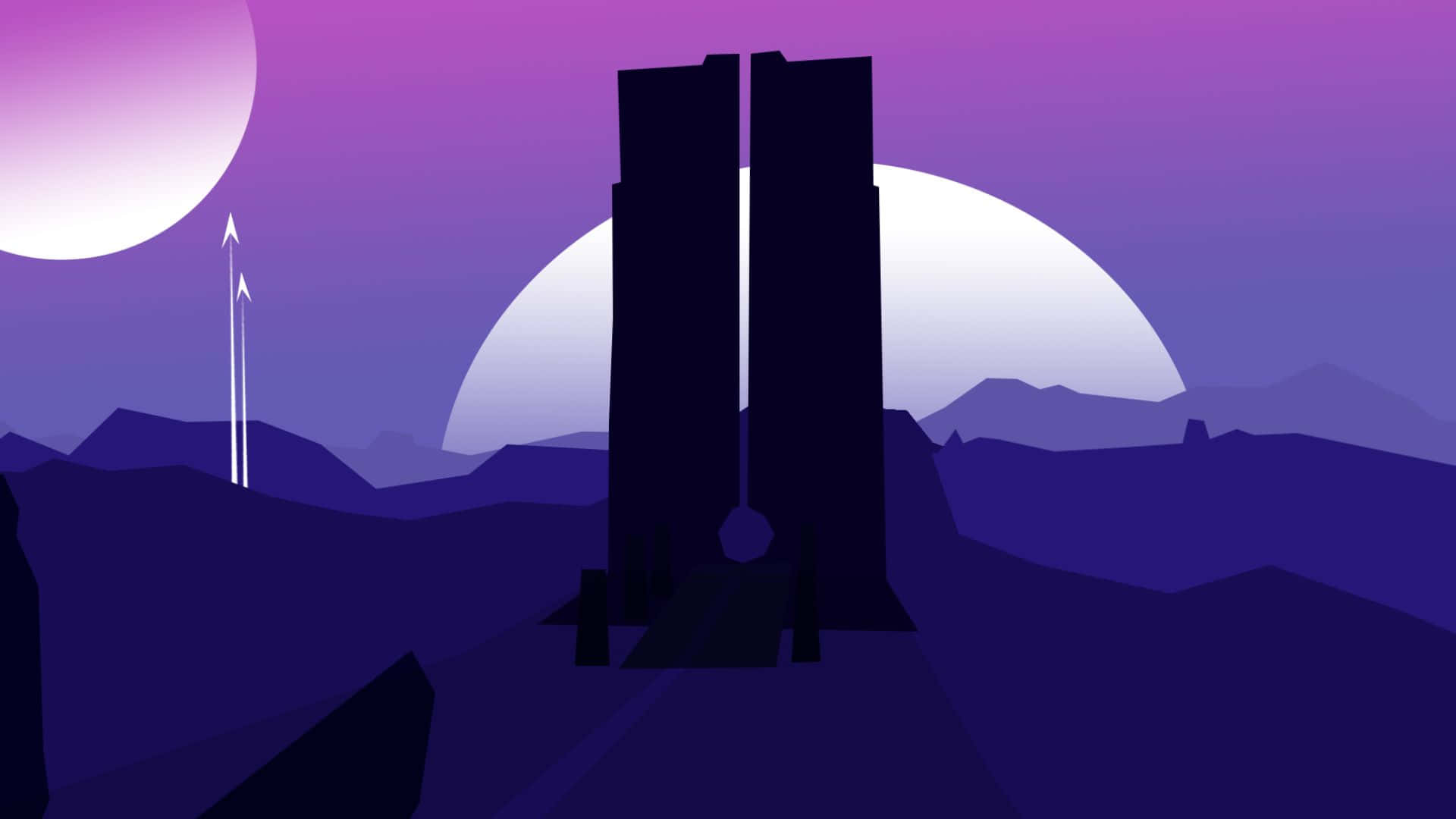 Minimalist Sky 桌布 壁紙 — 兩座高聳的巨石在紫色暮色天空下形成剪影，背景有一輪明月和遠山。